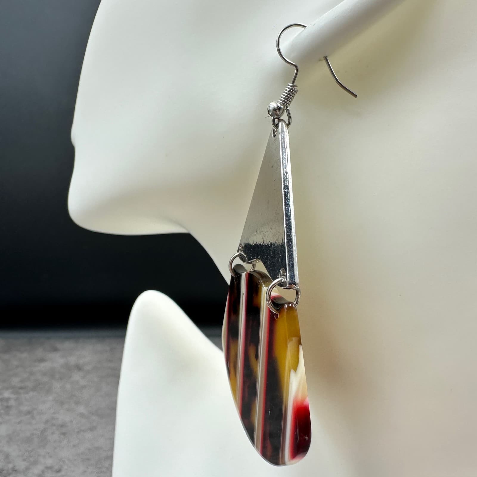 Vintage 80s Tortoiseshell Dangle Earrings Silver Tone Geometric Retro Statement - Thumbnail 4
