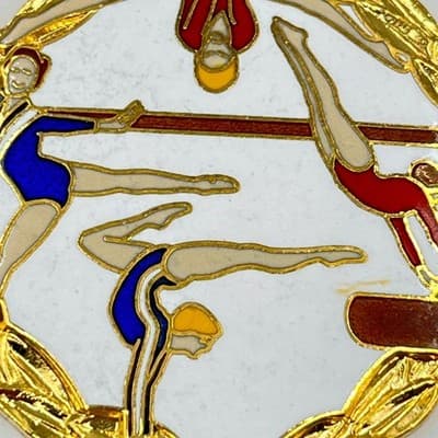 Vintage Gold Tone Gymnastics Medal Pendant Blue Red White Enamel Laurels Wreath - Thumbnail 2