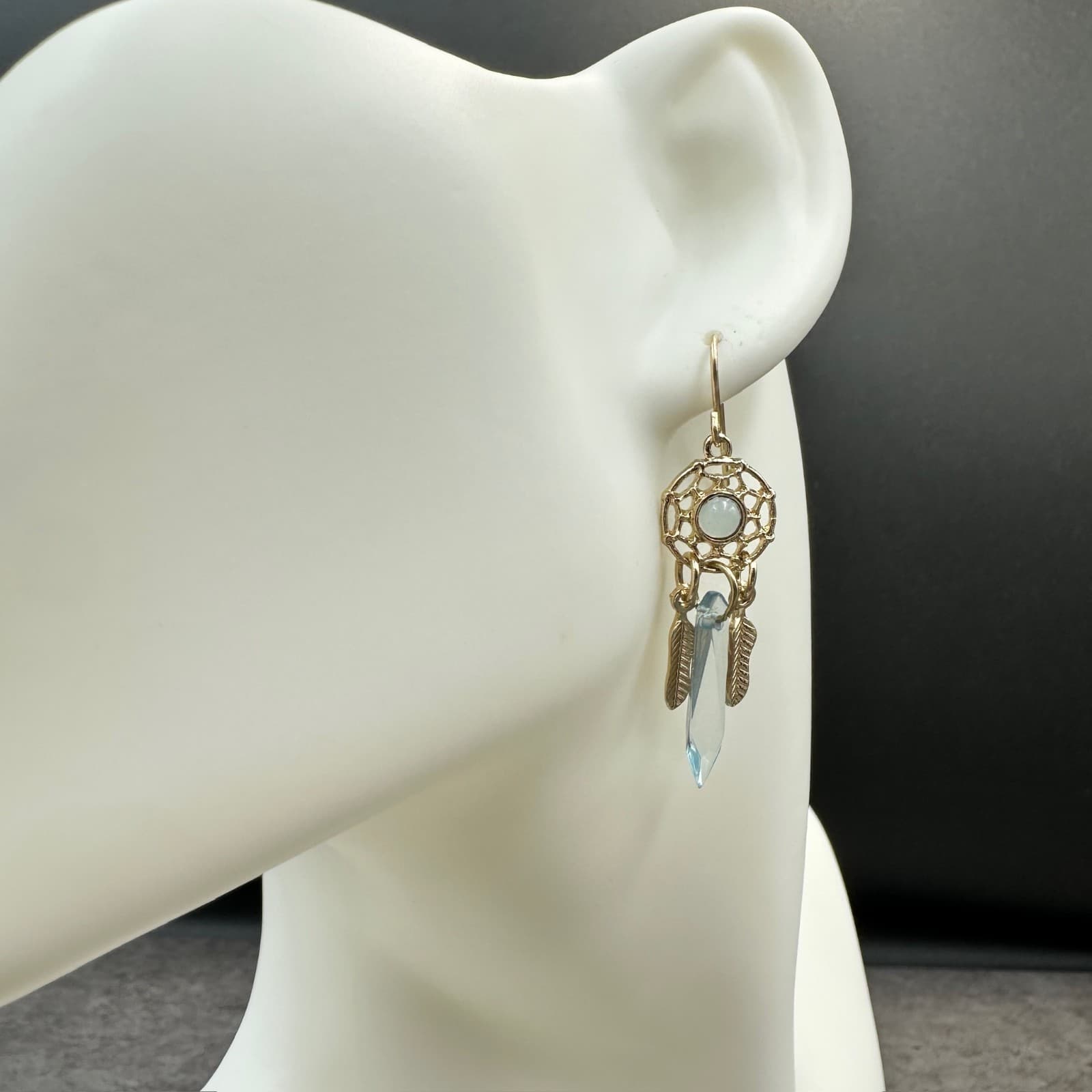 Gold-Tone Dreamcatcher Blue Crystal Boho Feather Dangle Earrings - Thumbnail 2