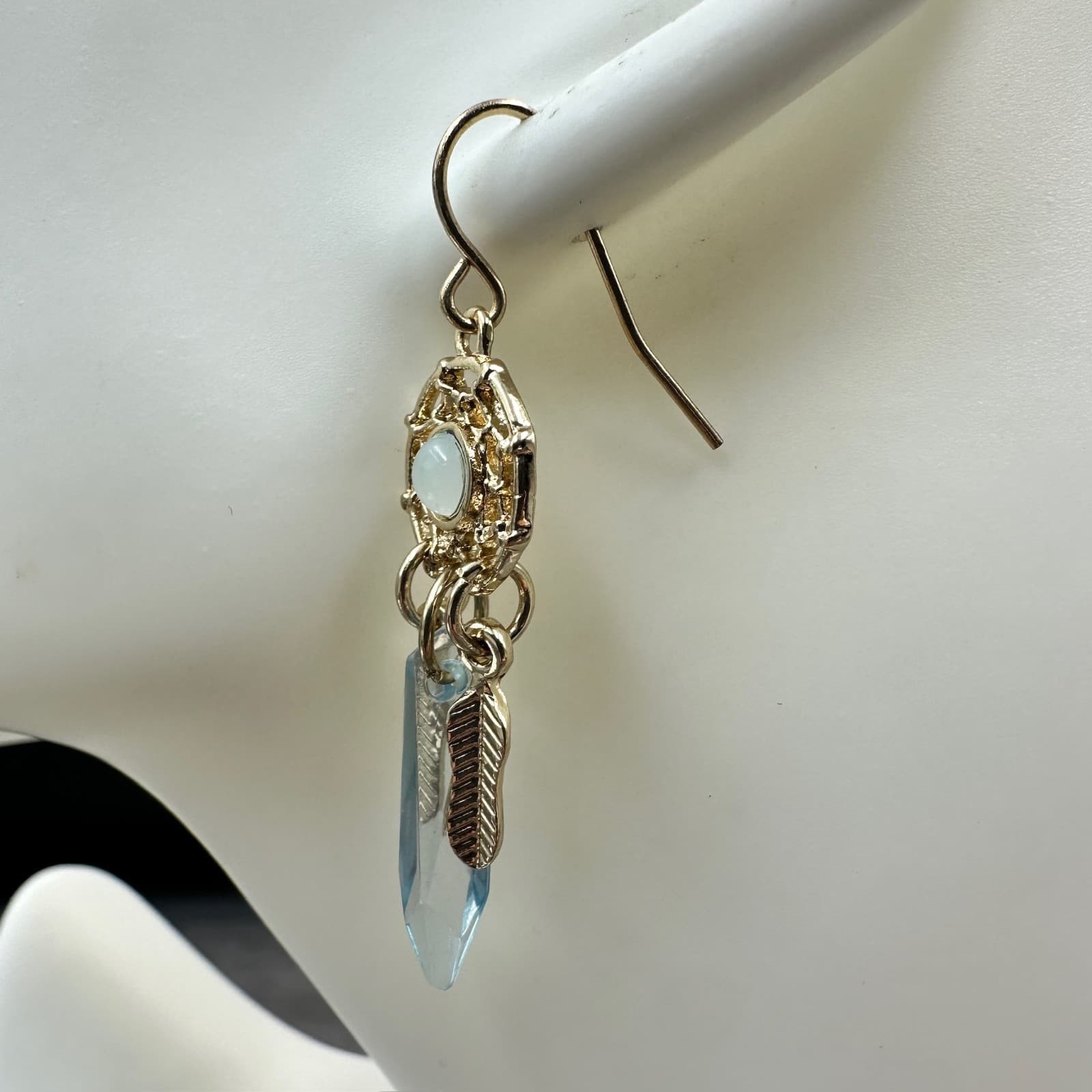 Gold-Tone Dreamcatcher Blue Crystal Boho Feather Dangle Earrings - Thumbnail 4