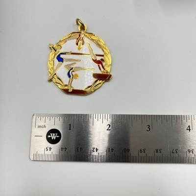 Vintage Gold Tone Gymnastics Medal Pendant Blue Red White Enamel Laurels Wreath - Thumbnail 6