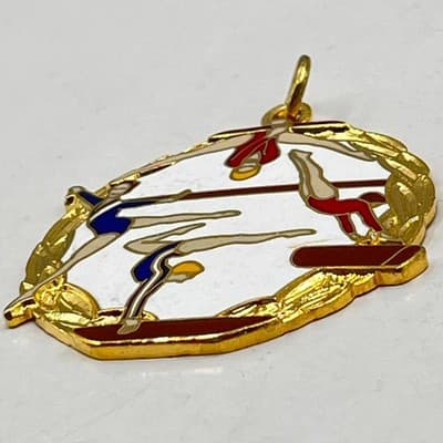 Vintage Gold Tone Gymnastics Medal Pendant Blue Red White Enamel Laurels Wreath - Thumbnail 4