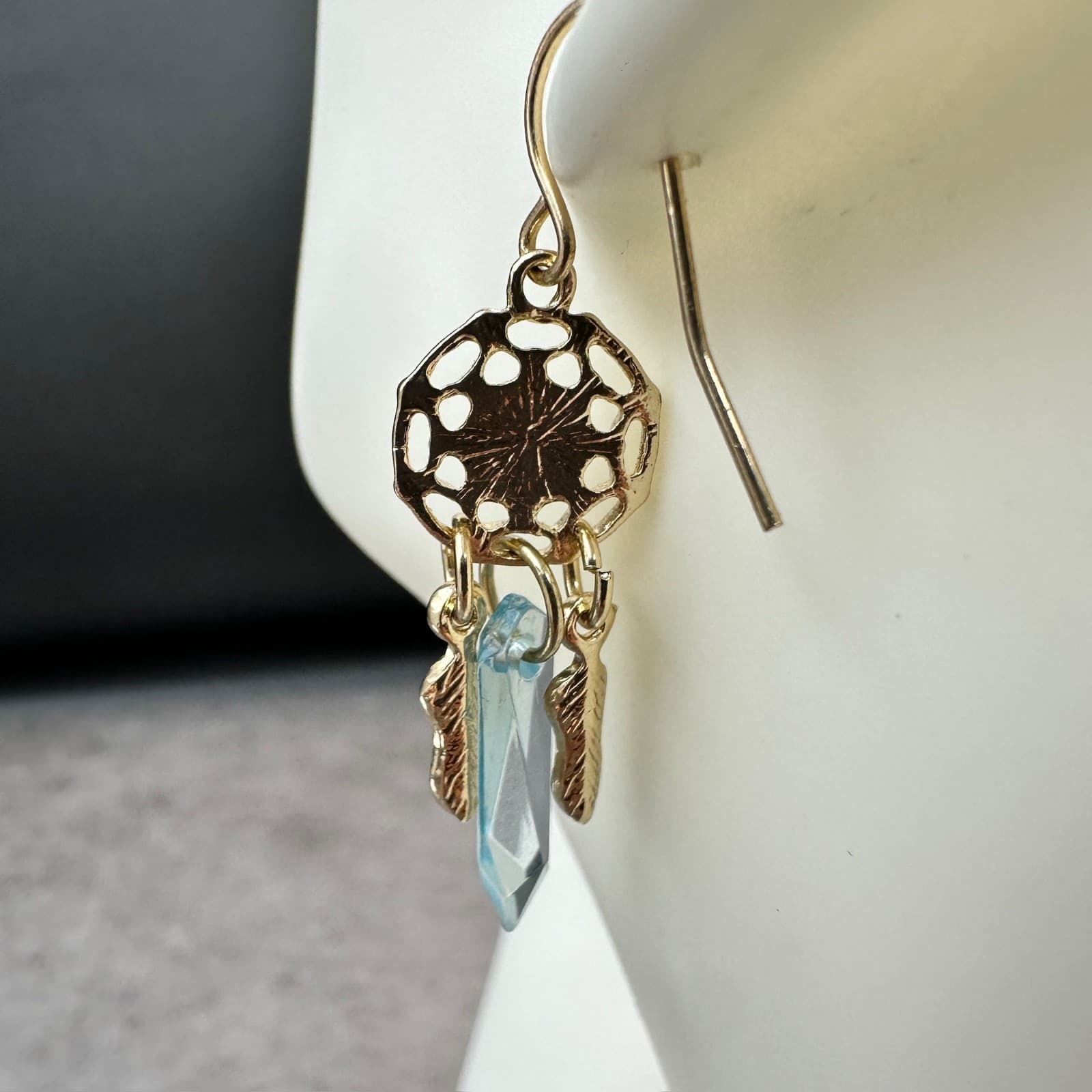 Gold-Tone Dreamcatcher Blue Crystal Boho Feather Dangle Earrings - Thumbnail 6