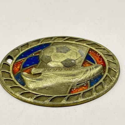 Vintage Soccer Medal Pendant Gold Tone Sports Trophy Charm Blue Orange Glitter - Thumbnail 3