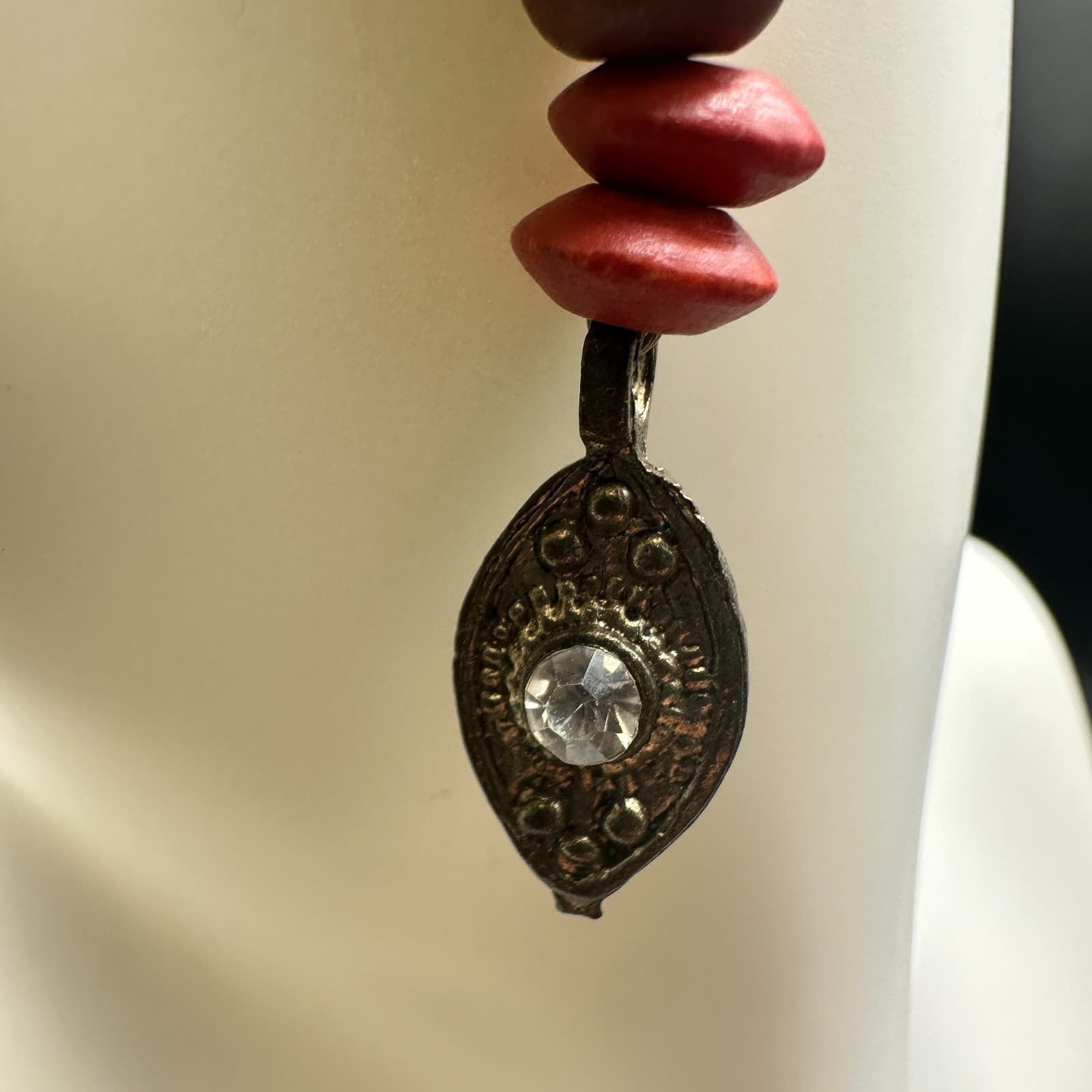 Long Wood Bead Dangle Earrings Red Orange Brown Stacked Tribal Boho Charm - Thumbnail 7