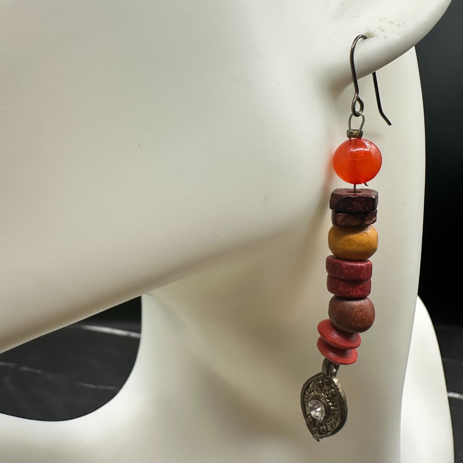 Long Wood Bead Dangle Earrings Red Orange Brown Stacked Tribal Boho Charm - Thumbnail 2