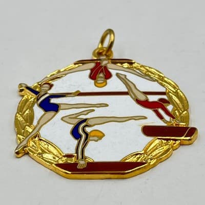 Vintage Gold Tone Gymnastics Medal Pendant Blue Red White Enamel Laurels Wreath - Thumbnail 3