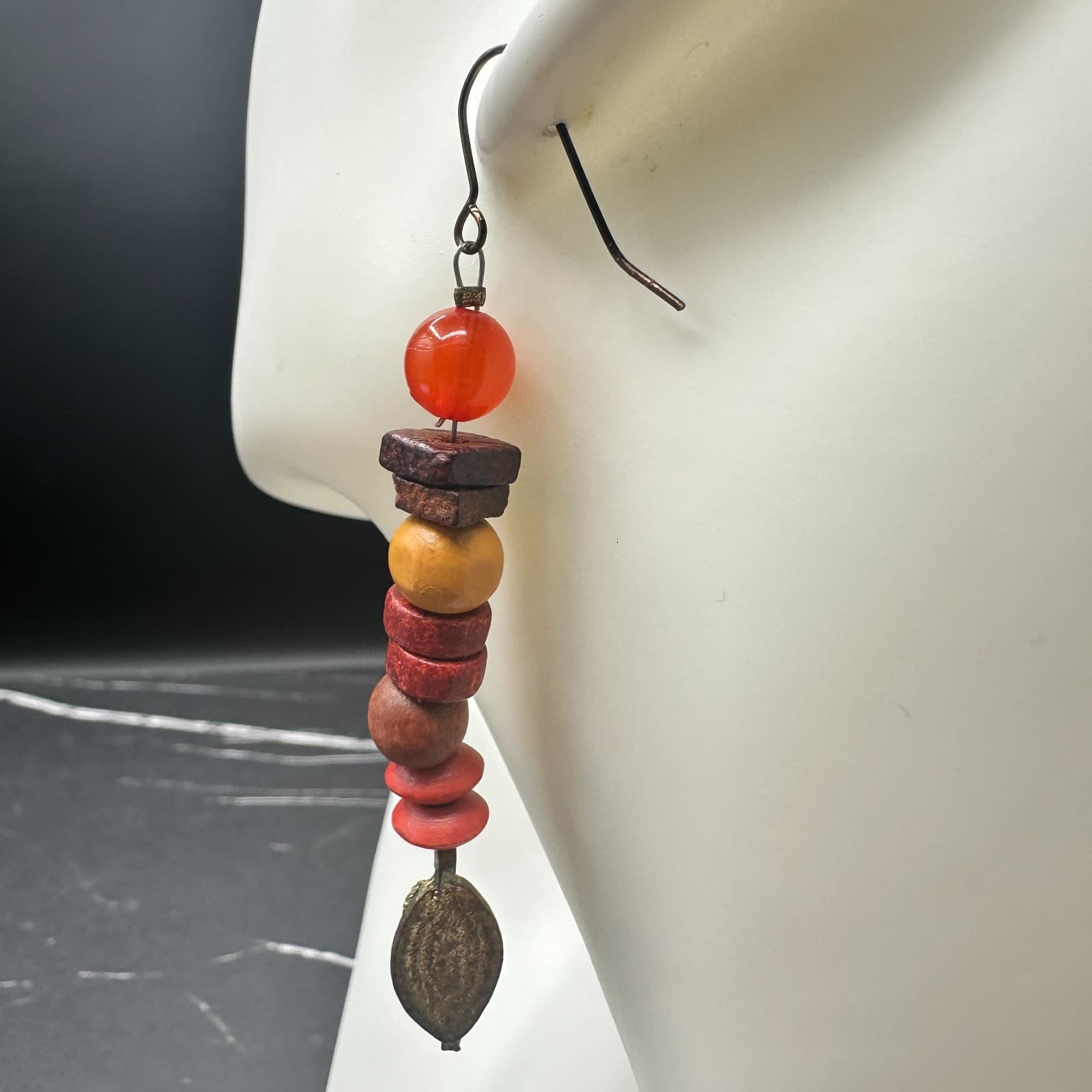 Long Wood Bead Dangle Earrings Red Orange Brown Stacked Tribal Boho Charm - Thumbnail 5