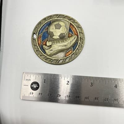 Vintage Soccer Medal Pendant Gold Tone Sports Trophy Charm Blue Orange Glitter - Thumbnail 5