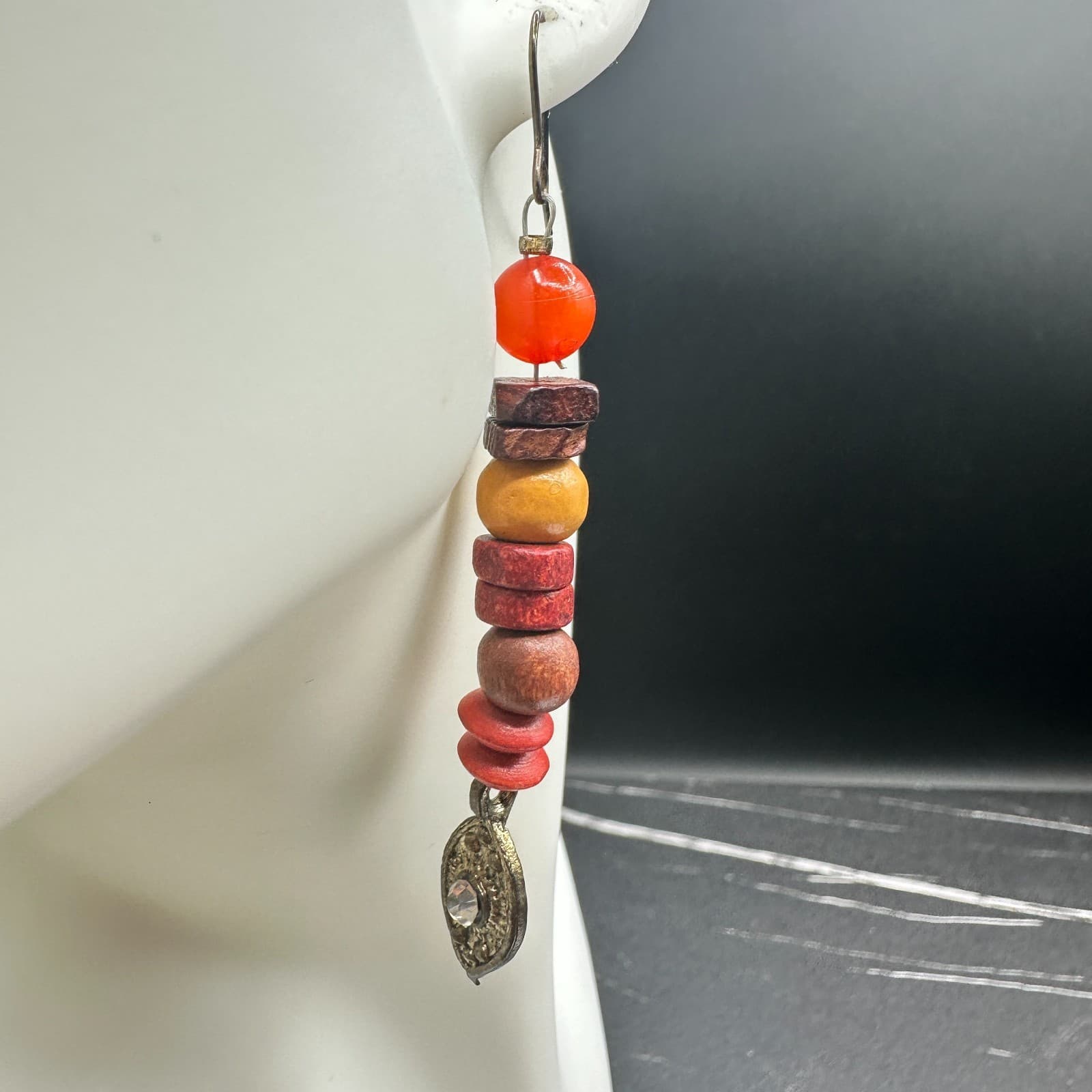 Long Wood Bead Dangle Earrings Red Orange Brown Stacked Tribal Boho Charm - Thumbnail 3