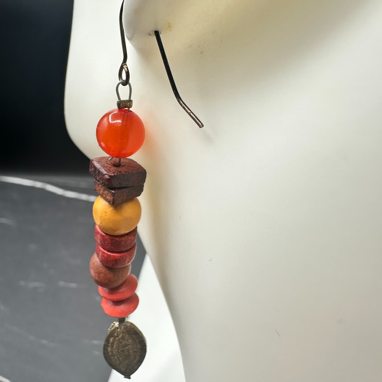 Long Wood Bead Dangle Earrings Red Orange Brown Stacked Tribal Boho Charm - Thumbnail 6