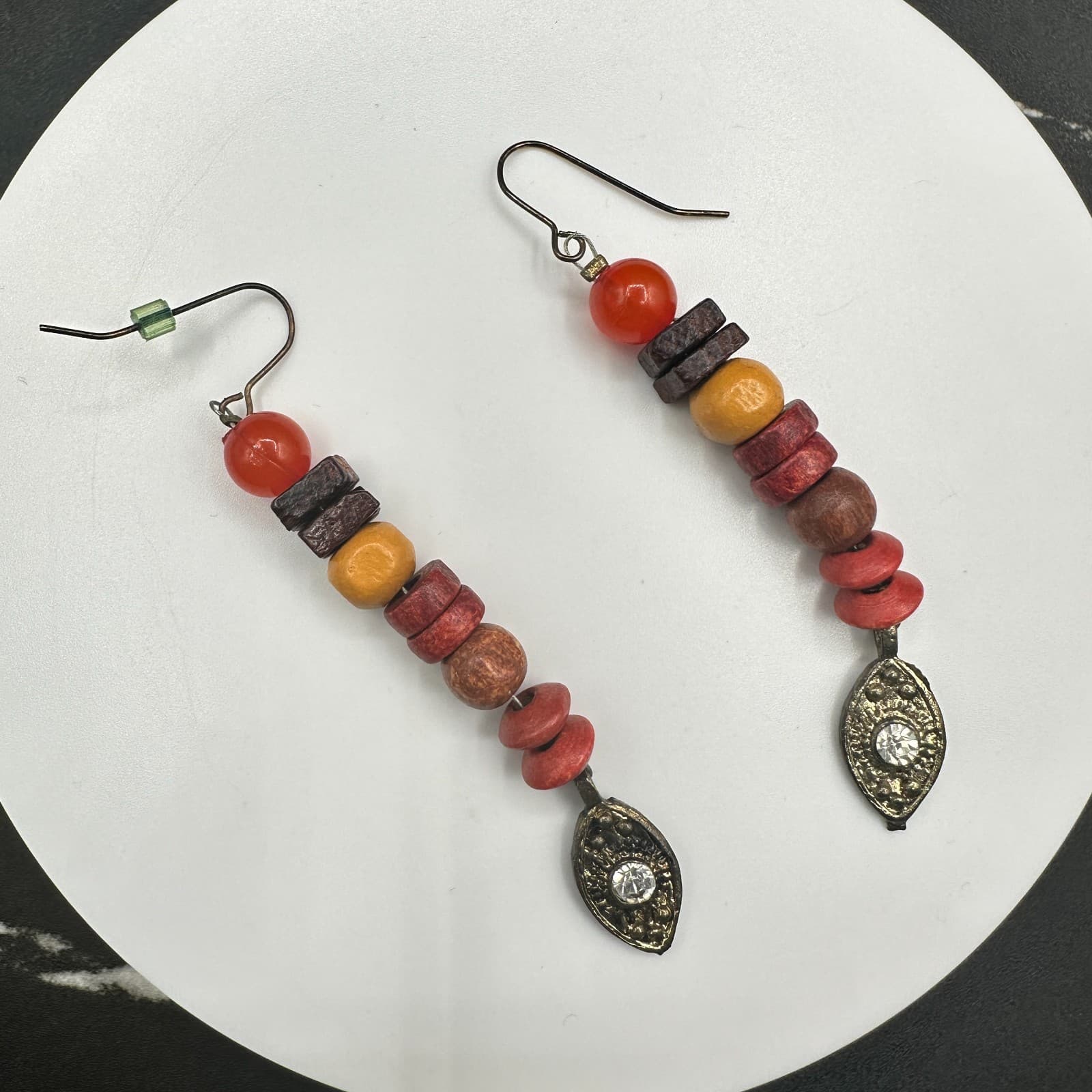 Long Wood Bead Dangle Earrings Red Orange Brown Stacked Tribal Boho Charm - Thumbnail 9