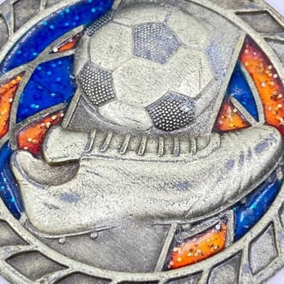 Vintage Soccer Medal Pendant Gold Tone Sports Trophy Charm Blue Orange Glitter - Thumbnail 2