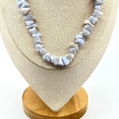 Vintage Blue Lace Agate Tumbled Stone Chip Necklace Boho Gypsy Earthy Jewelry - Thumbnail 7