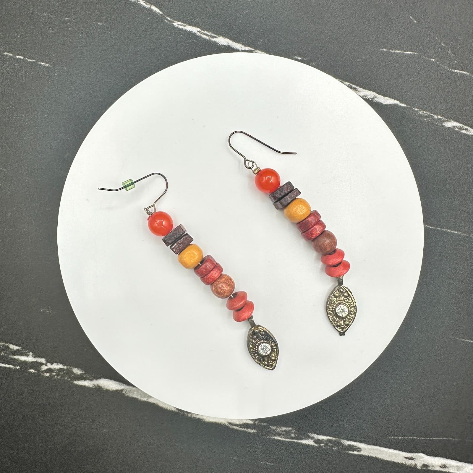 Long Wood Bead Dangle Earrings Red Orange Brown Stacked Tribal Boho Charm - Thumbnail 8