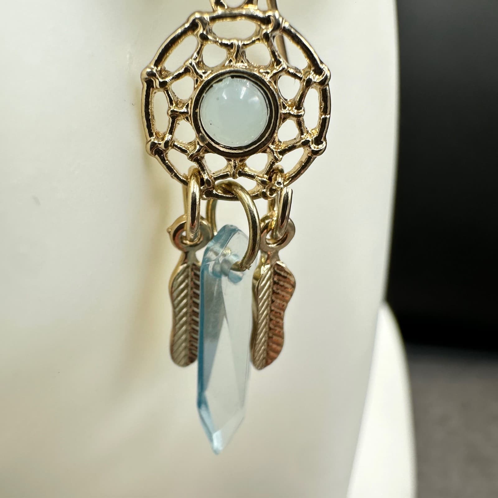Gold-Tone Dreamcatcher Blue Crystal Boho Feather Dangle Earrings - Thumbnail 3