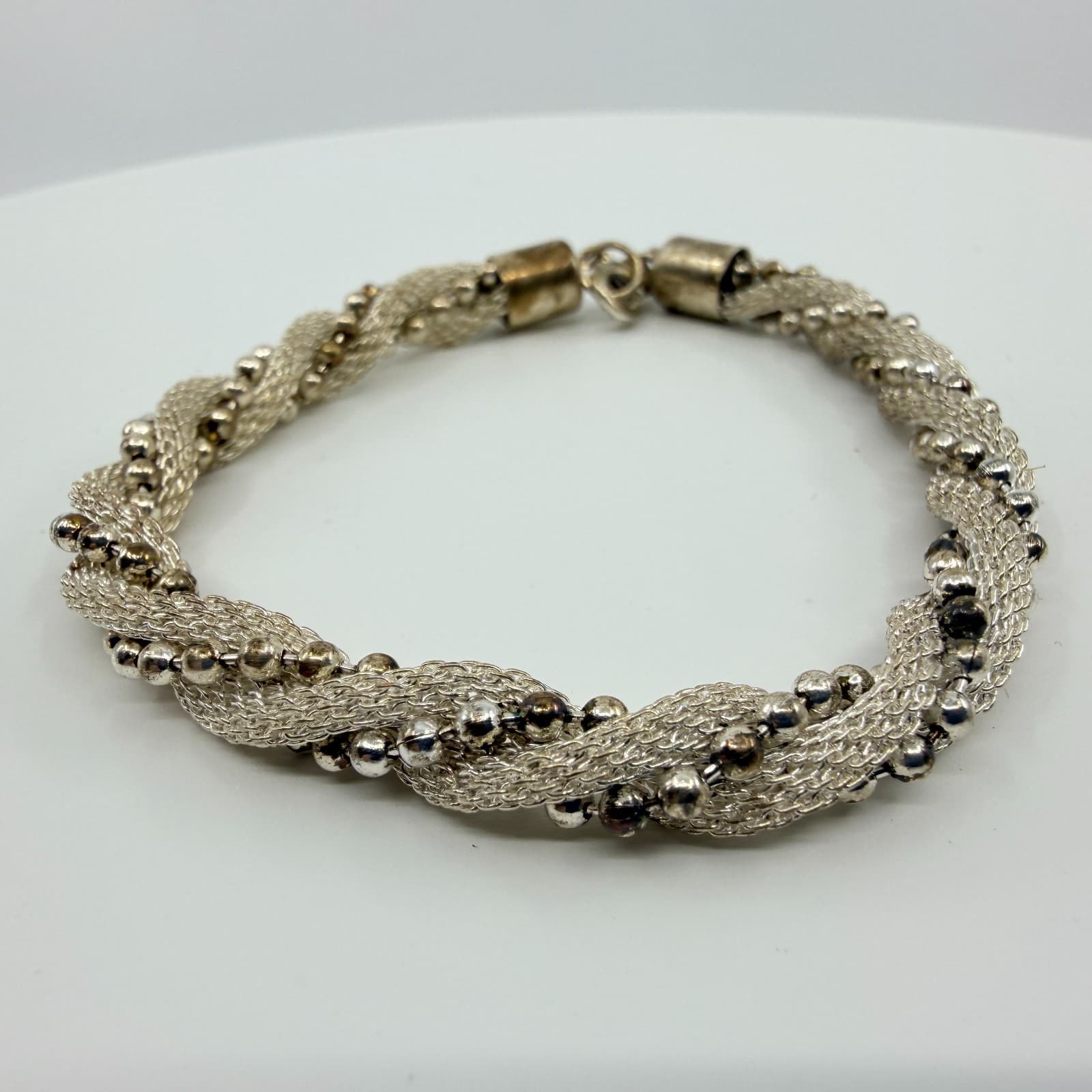 Vintage Silver Tone Mesh Twist Bangle Bracelet Beaded Ball Caviar Statement Y2K - Thumbnail 2