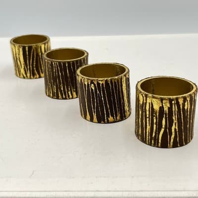 Vintage Kim Seybert Gold & Brown Wood Bark Texture Napkin Rings, Set of 4 - Thumbnail 3