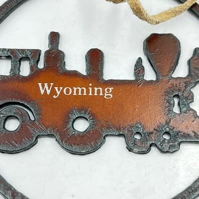 Wyoming Rusted Metal Steam Train Locomotive Ornament Leather Cord Western Decor - Thumbnail 2