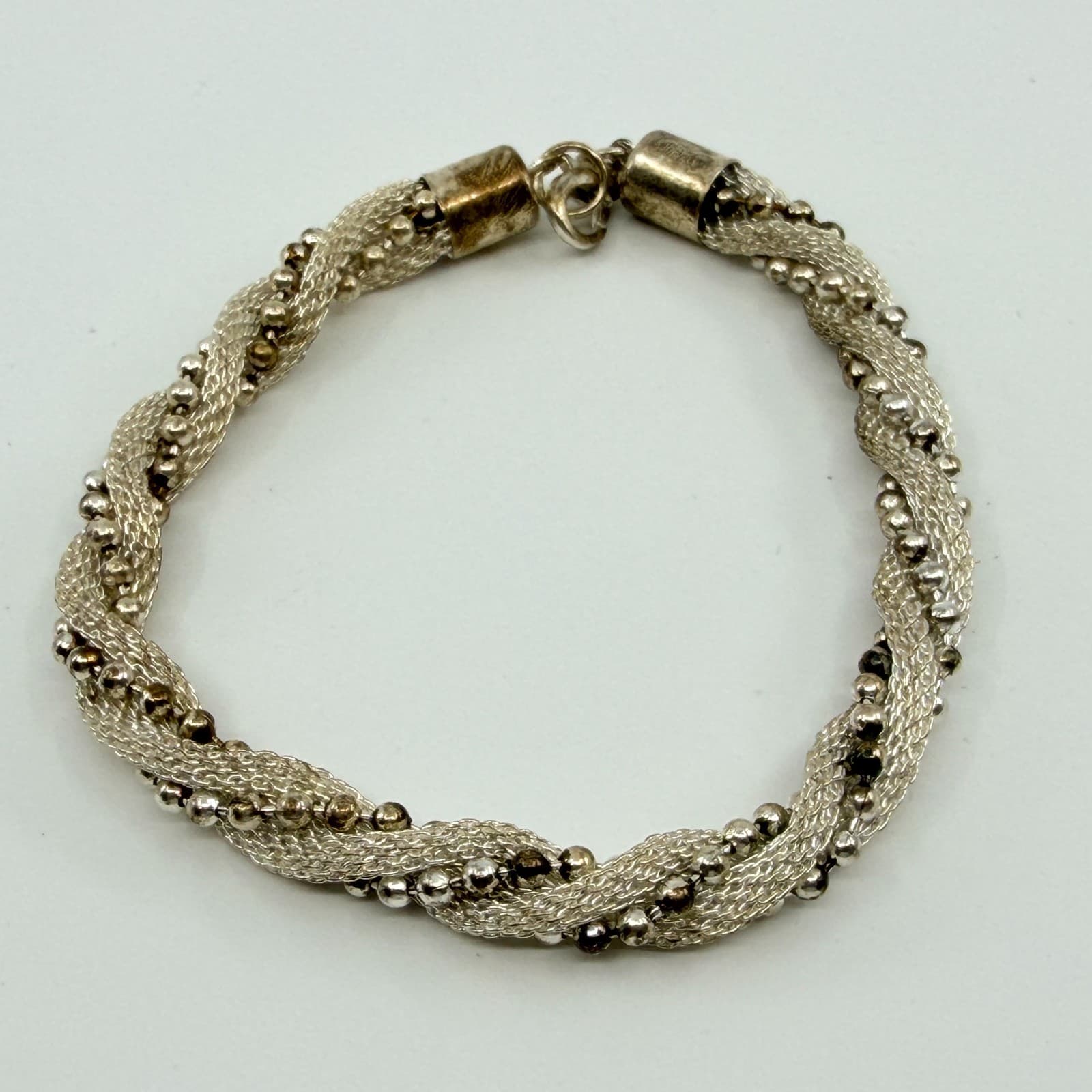 Vintage Silver Tone Mesh Twist Bangle Bracelet Beaded Ball Caviar Statement Y2K - Thumbnail 4