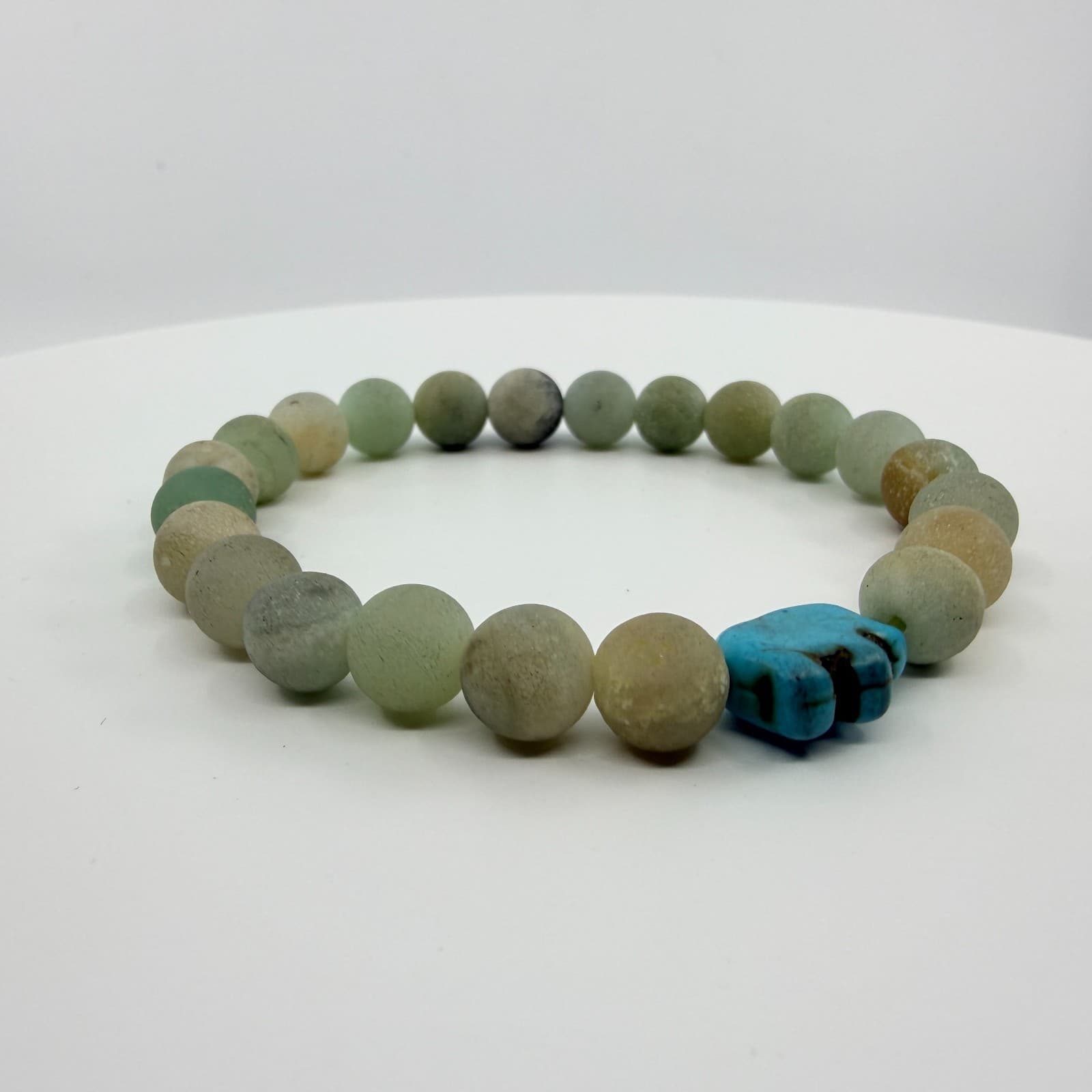 Vintage Matte Amazonite Beaded Stretch Bracelet Blue Turtle Charm Boho Statement - Thumbnail 2