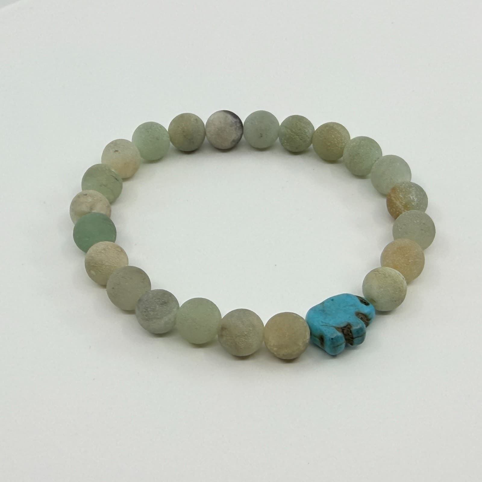 Vintage Matte Amazonite Beaded Stretch Bracelet Blue Turtle Charm Boho Statement - Thumbnail 4