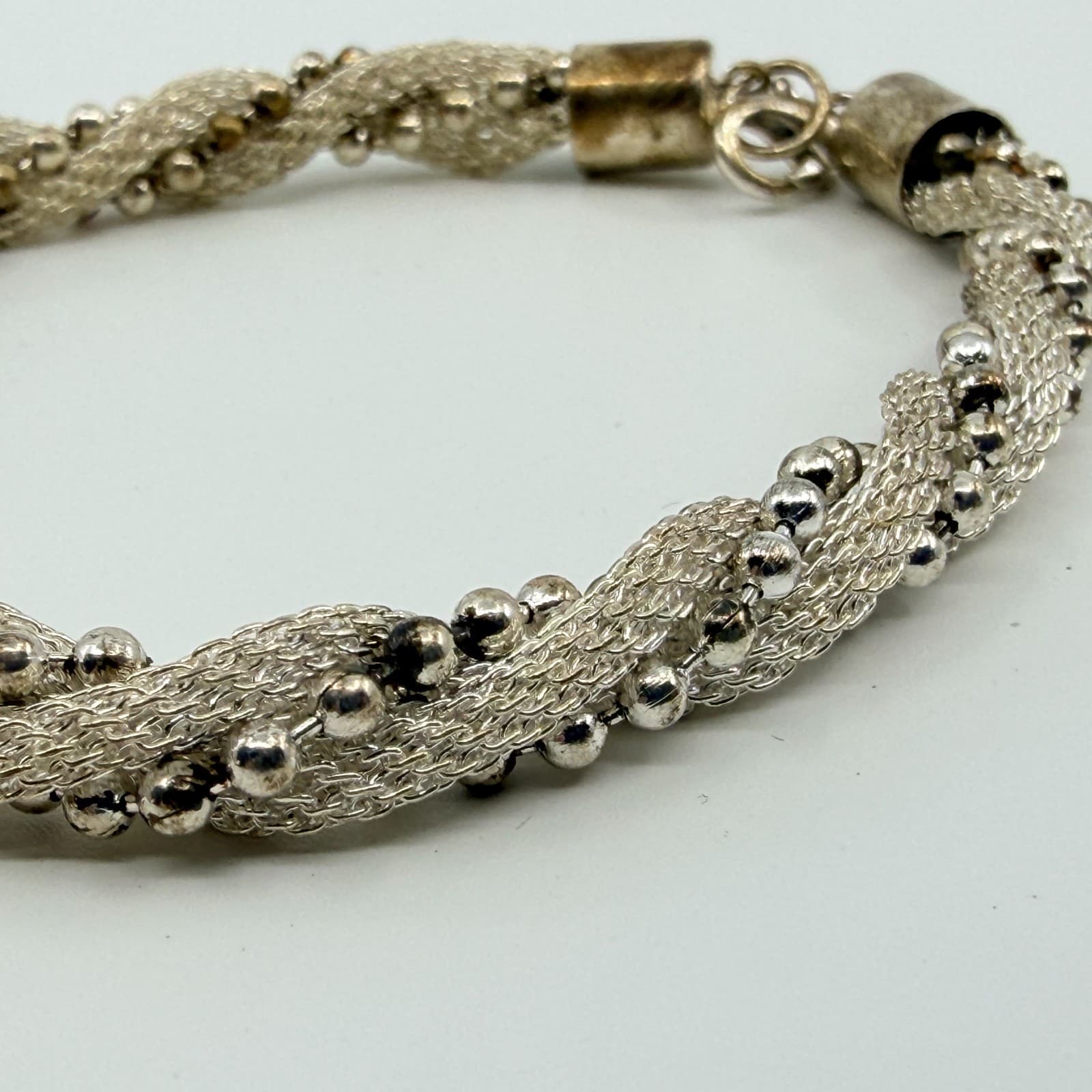 Vintage Silver Tone Mesh Twist Bangle Bracelet Beaded Ball Caviar Statement Y2K - Thumbnail 5