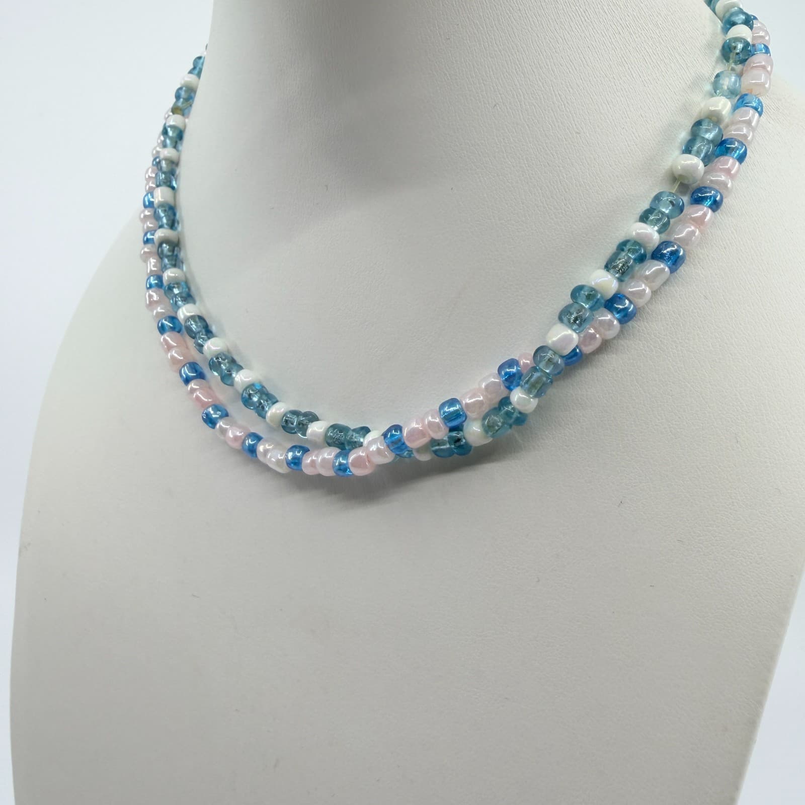 Vintage Blue Pink White Glass Seed Bead Double Strand Necklace Boho Layered 90s - Thumbnail 4