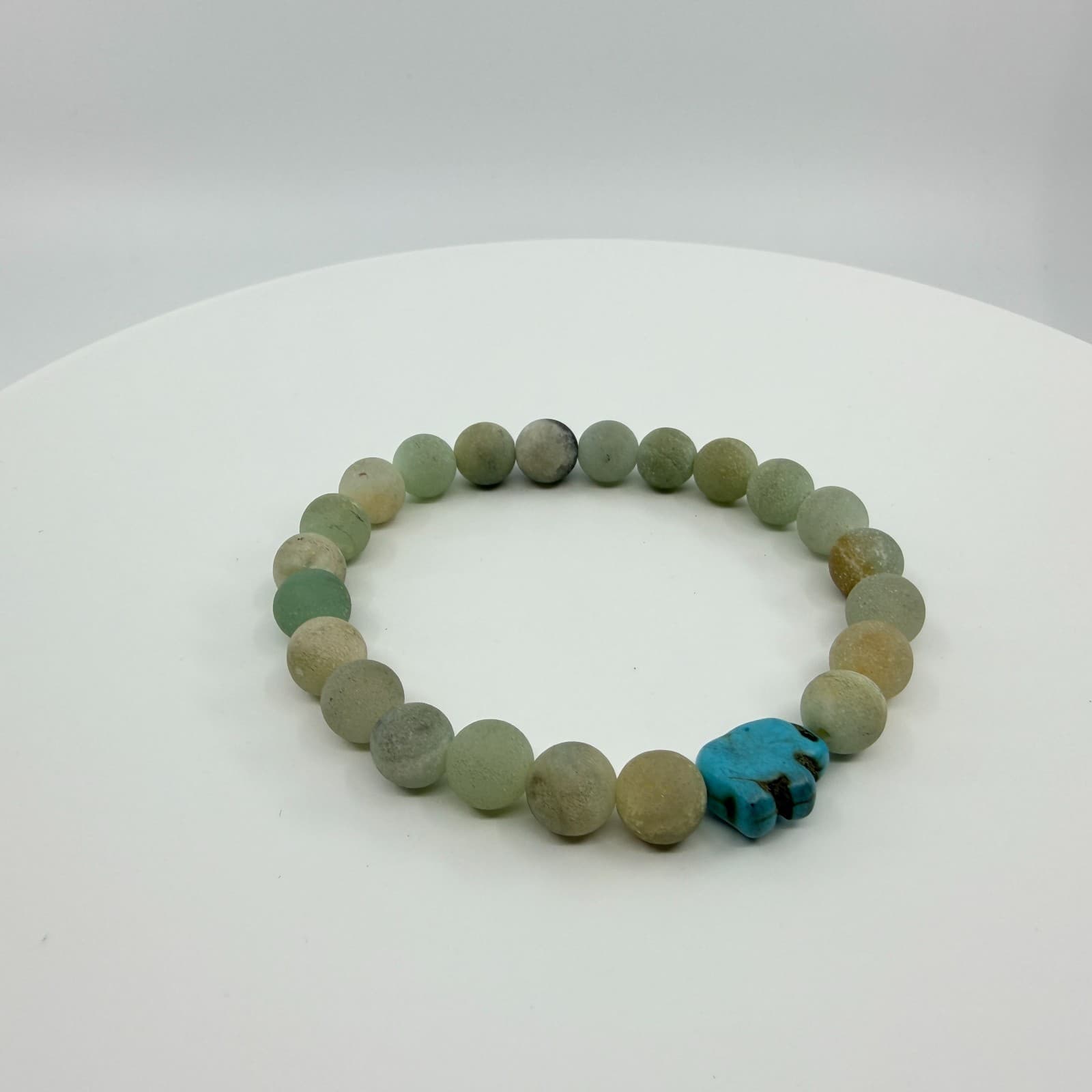 Vintage Matte Amazonite Beaded Stretch Bracelet Blue Turtle Charm Boho Statement - Thumbnail 3