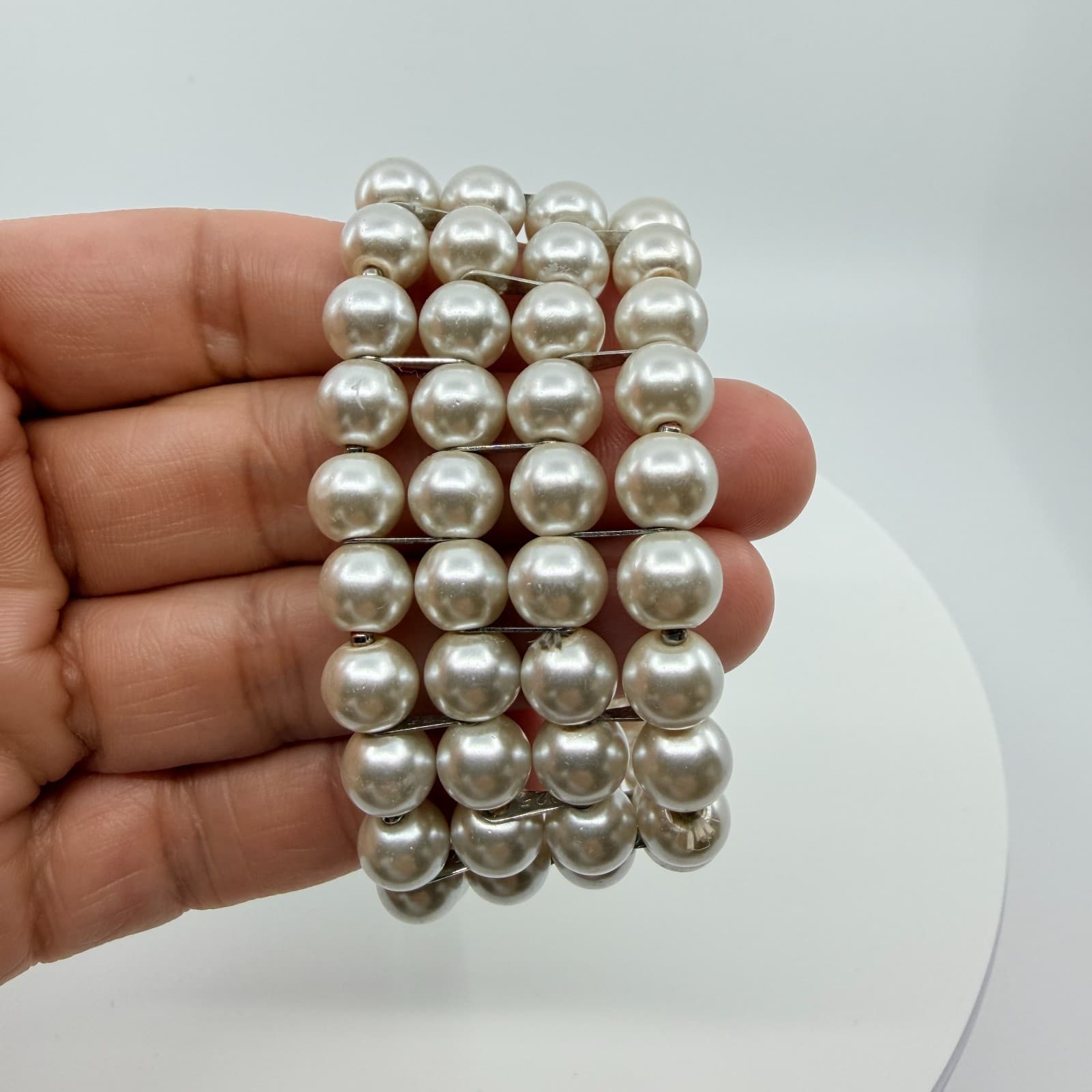 Vintage White Faux Pearl Multi Row Stretch Cuff Bracelet Chunky Statement Boho - Thumbnail 6