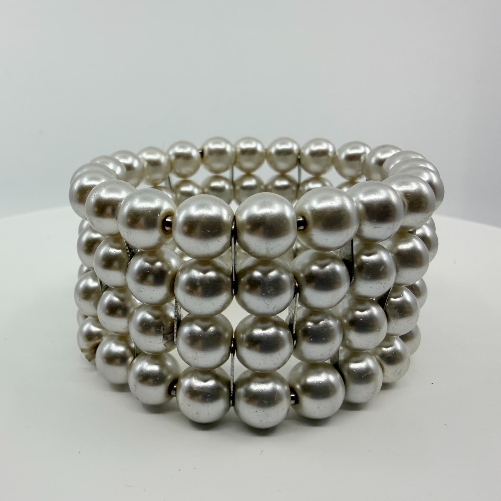 Vintage White Faux Pearl Multi Row Stretch Cuff Bracelet Chunky Statement Boho - Thumbnail 2
