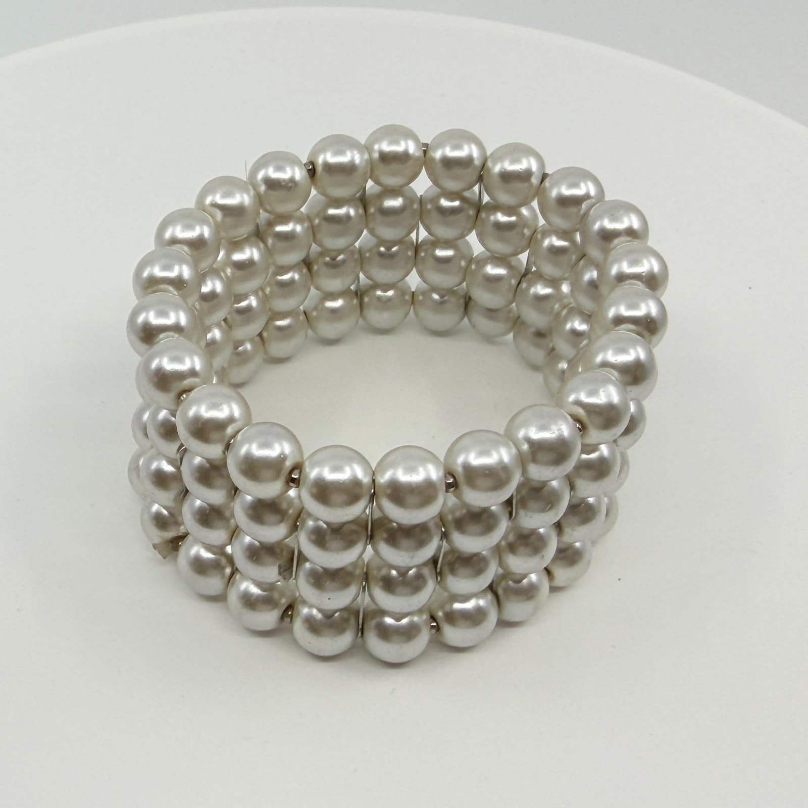 Vintage White Faux Pearl Multi Row Stretch Cuff Bracelet Chunky Statement Boho - Thumbnail 3