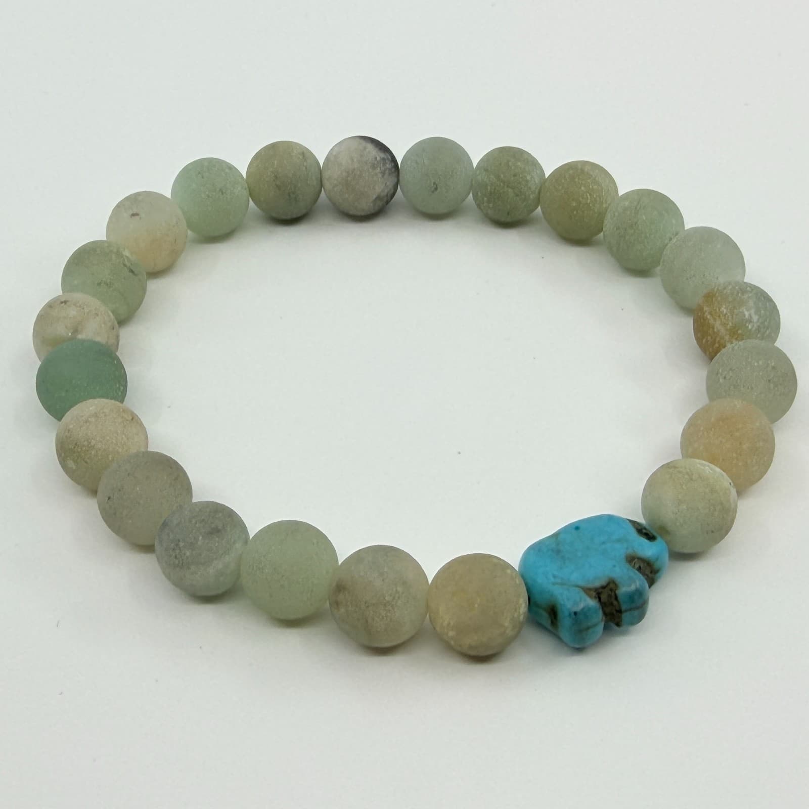 Vintage Matte Amazonite Beaded Stretch Bracelet Blue Turtle Charm Boho Statement - Thumbnail 6