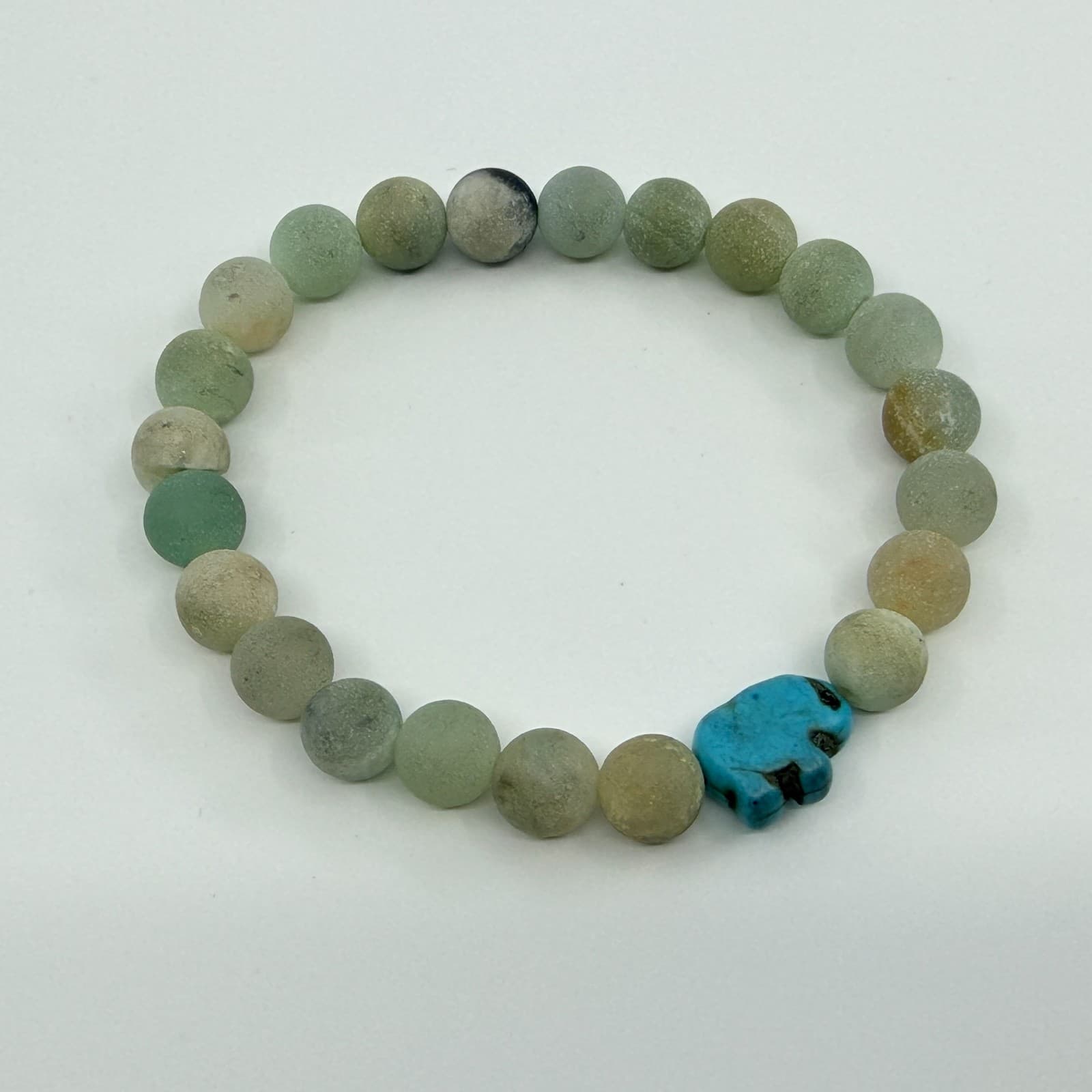 Vintage Matte Amazonite Beaded Stretch Bracelet Blue Turtle Charm Boho Statement - Thumbnail 7