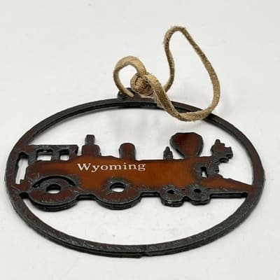 Wyoming Rusted Metal Steam Train Locomotive Ornament Leather Cord Western Decor - Thumbnail 4