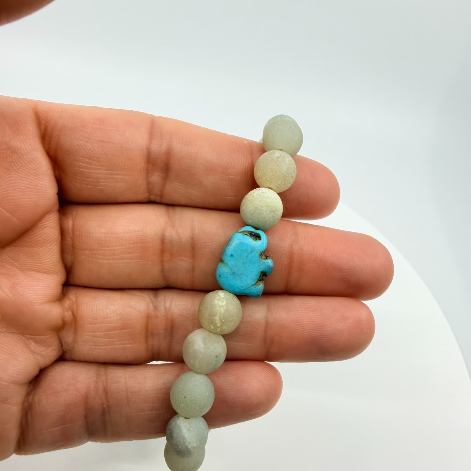 Vintage Matte Amazonite Beaded Stretch Bracelet Blue Turtle Charm Boho Statement - Thumbnail 8