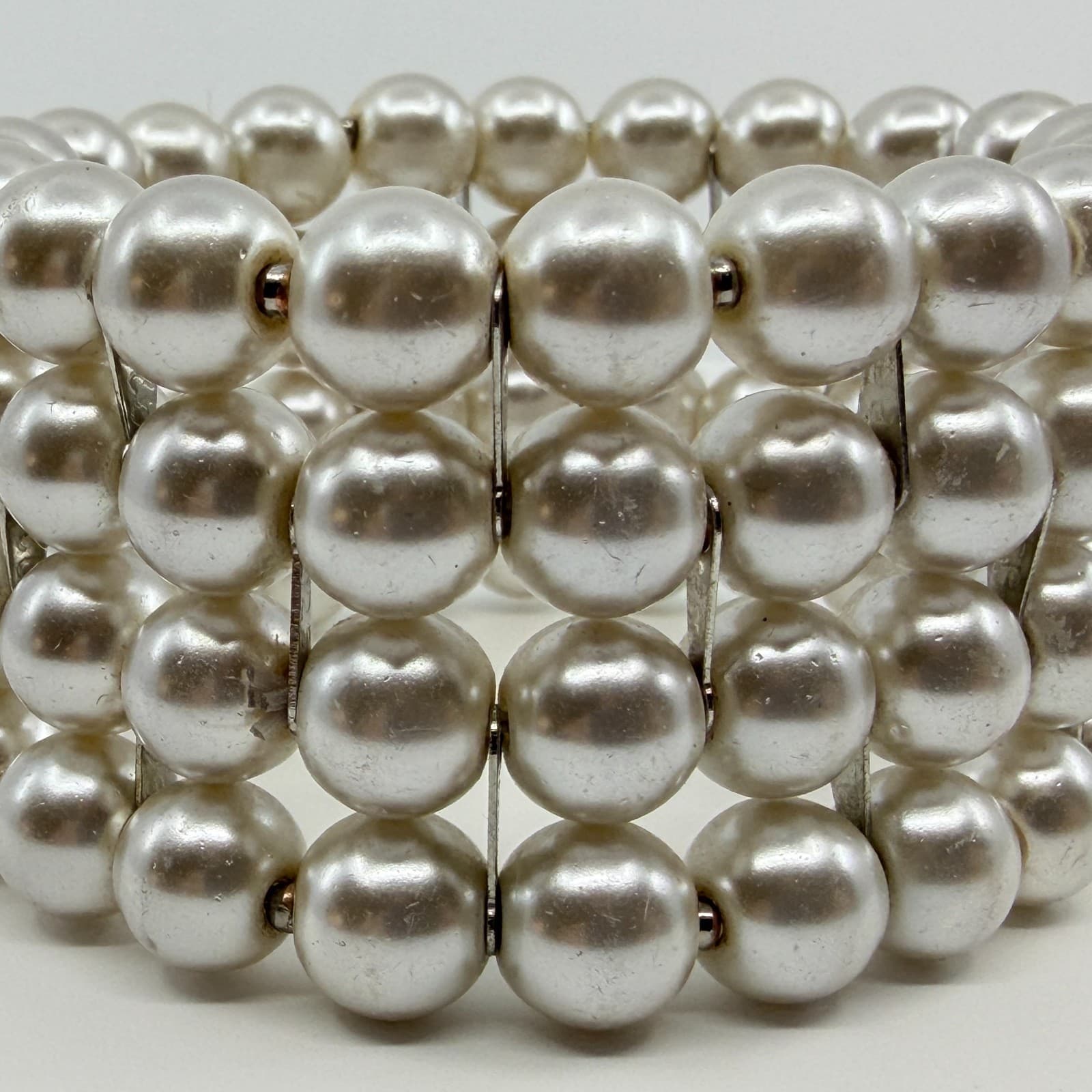 Vintage White Faux Pearl Multi Row Stretch Cuff Bracelet Chunky Statement Boho - Thumbnail 5