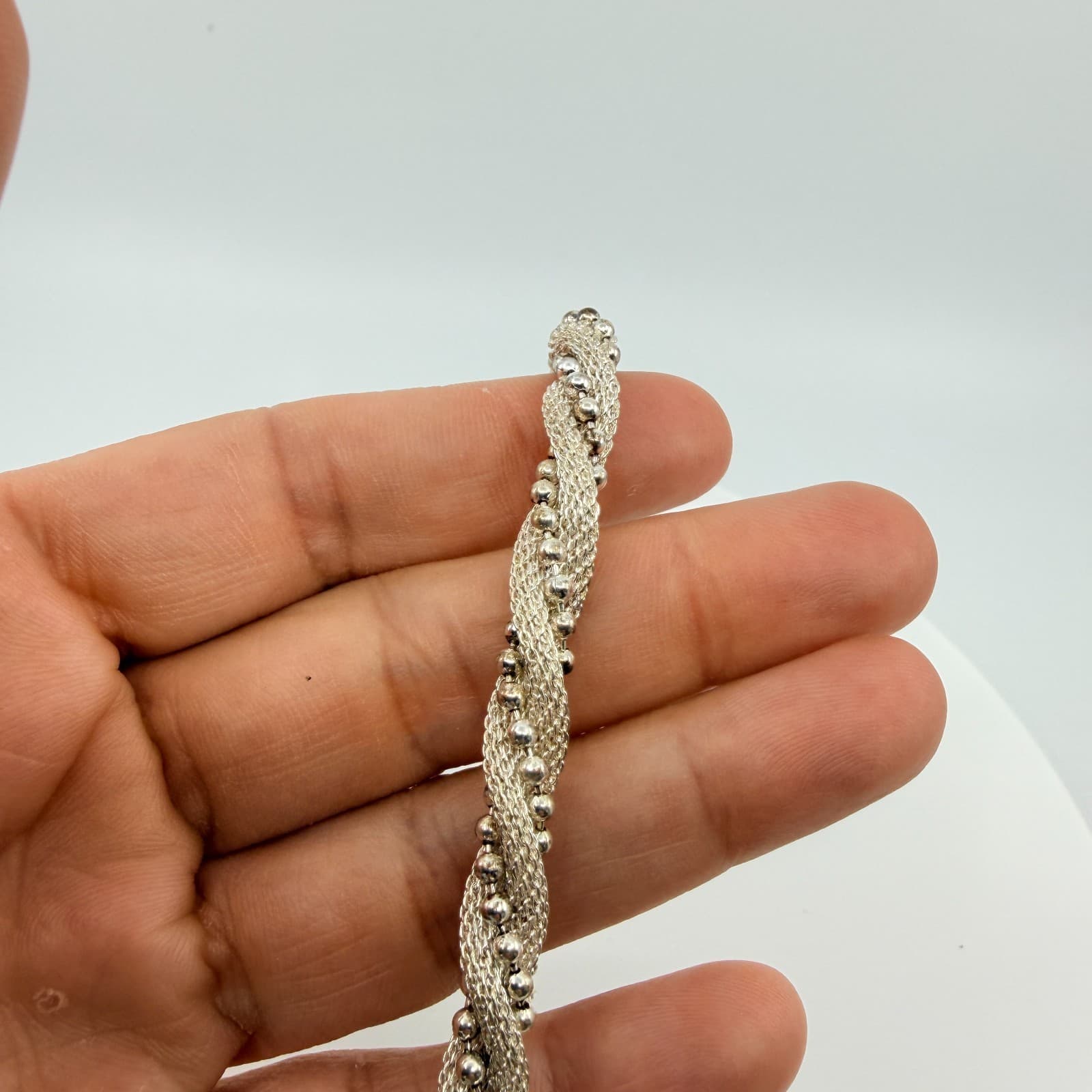 Vintage Silver Tone Mesh Twist Bangle Bracelet Beaded Ball Caviar Statement Y2K - Thumbnail 6