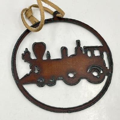 Wyoming Rusted Metal Steam Train Locomotive Ornament Leather Cord Western Decor - Thumbnail 5