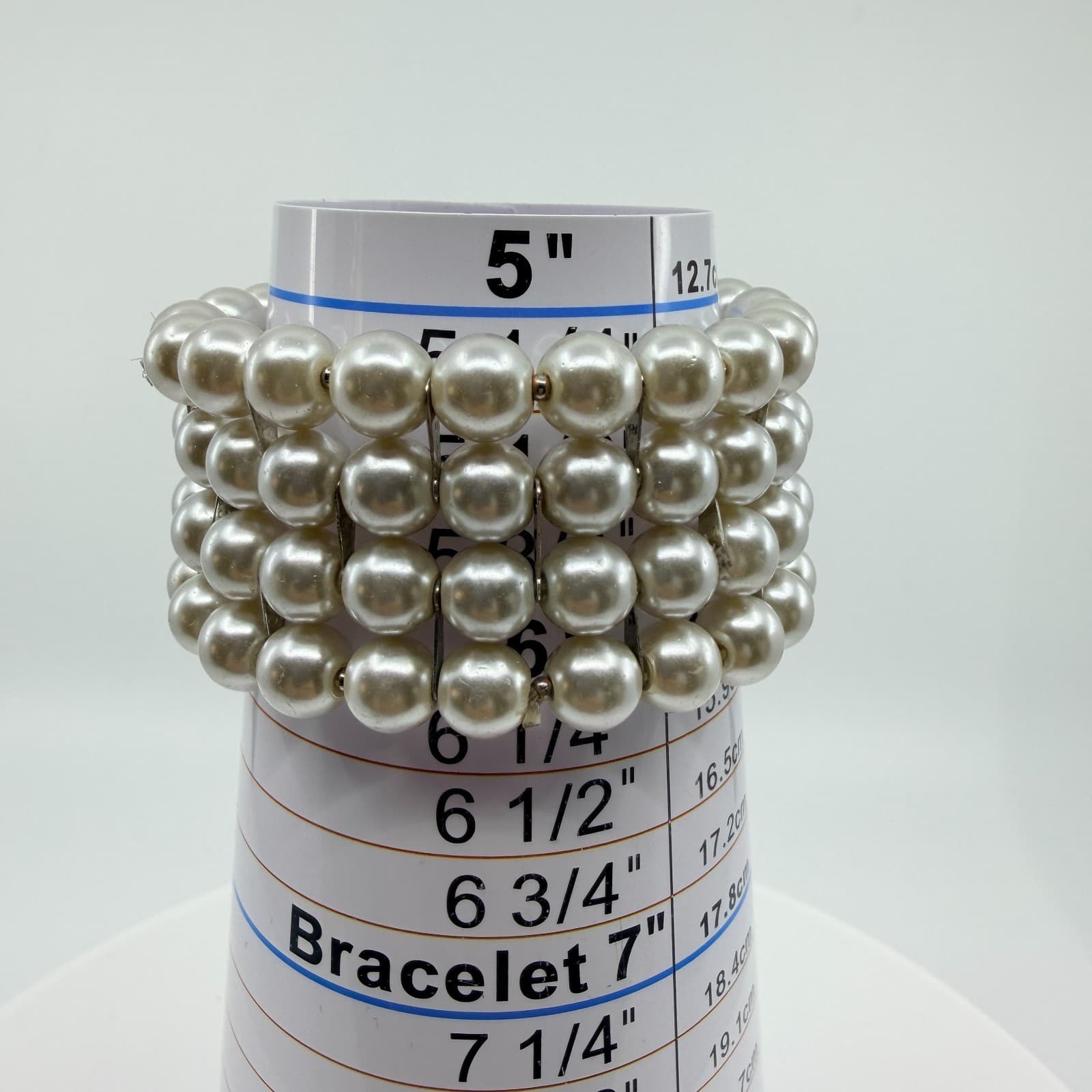 Vintage White Faux Pearl Multi Row Stretch Cuff Bracelet Chunky Statement Boho - Thumbnail 7