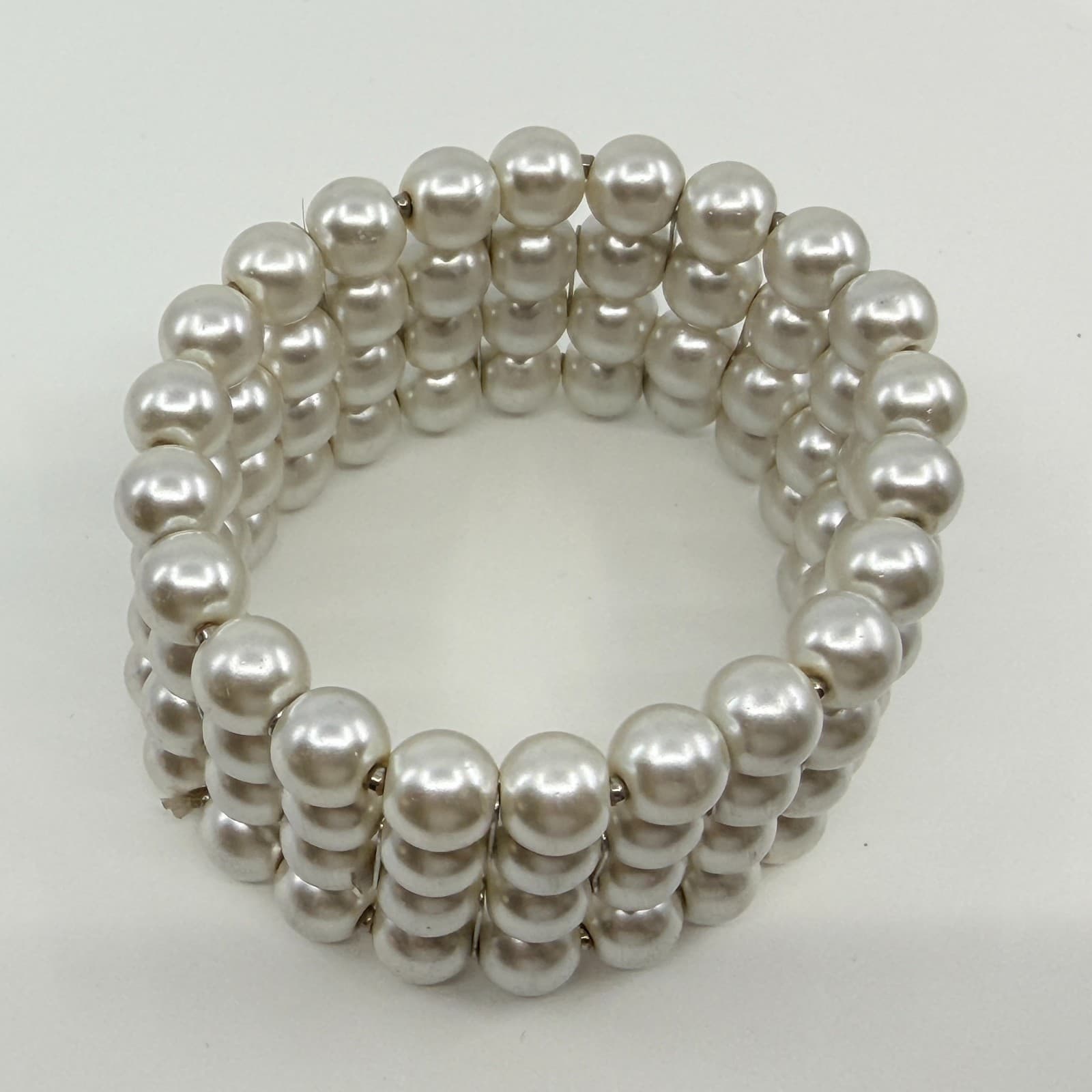 Vintage White Faux Pearl Multi Row Stretch Cuff Bracelet Chunky Statement Boho - Thumbnail 4