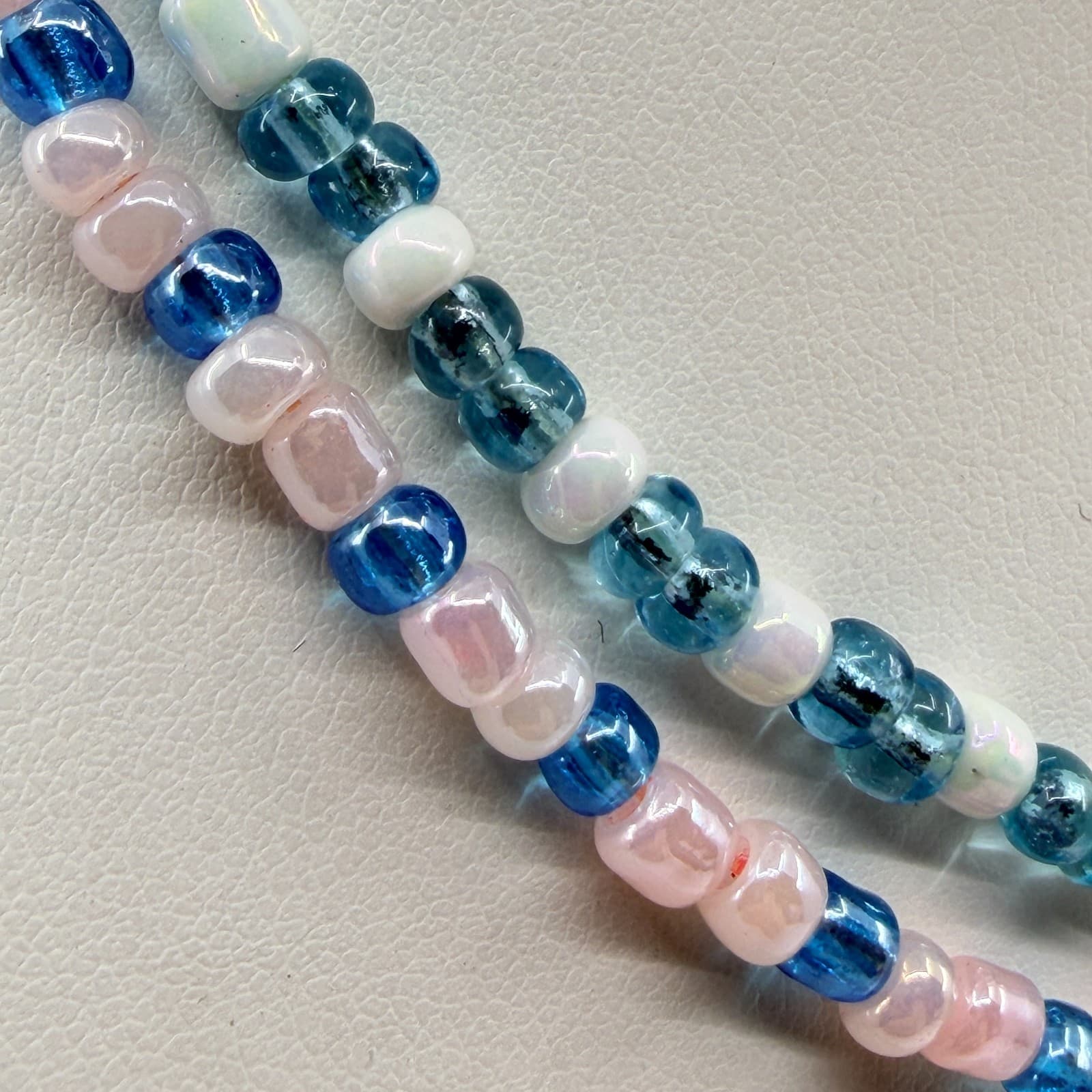 Vintage Blue Pink White Glass Seed Bead Double Strand Necklace Boho Layered 90s - Thumbnail 3
