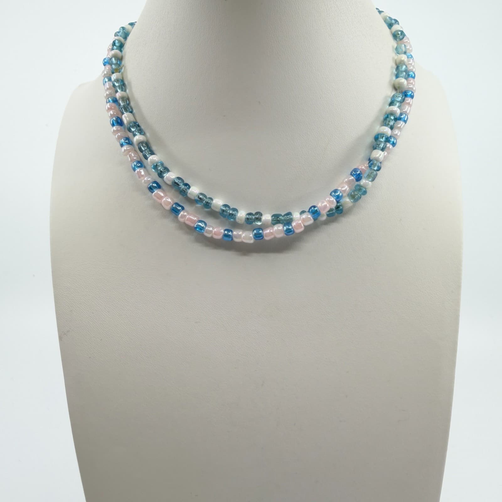 Vintage Blue Pink White Glass Seed Bead Double Strand Necklace Boho Layered 90s - Thumbnail 5