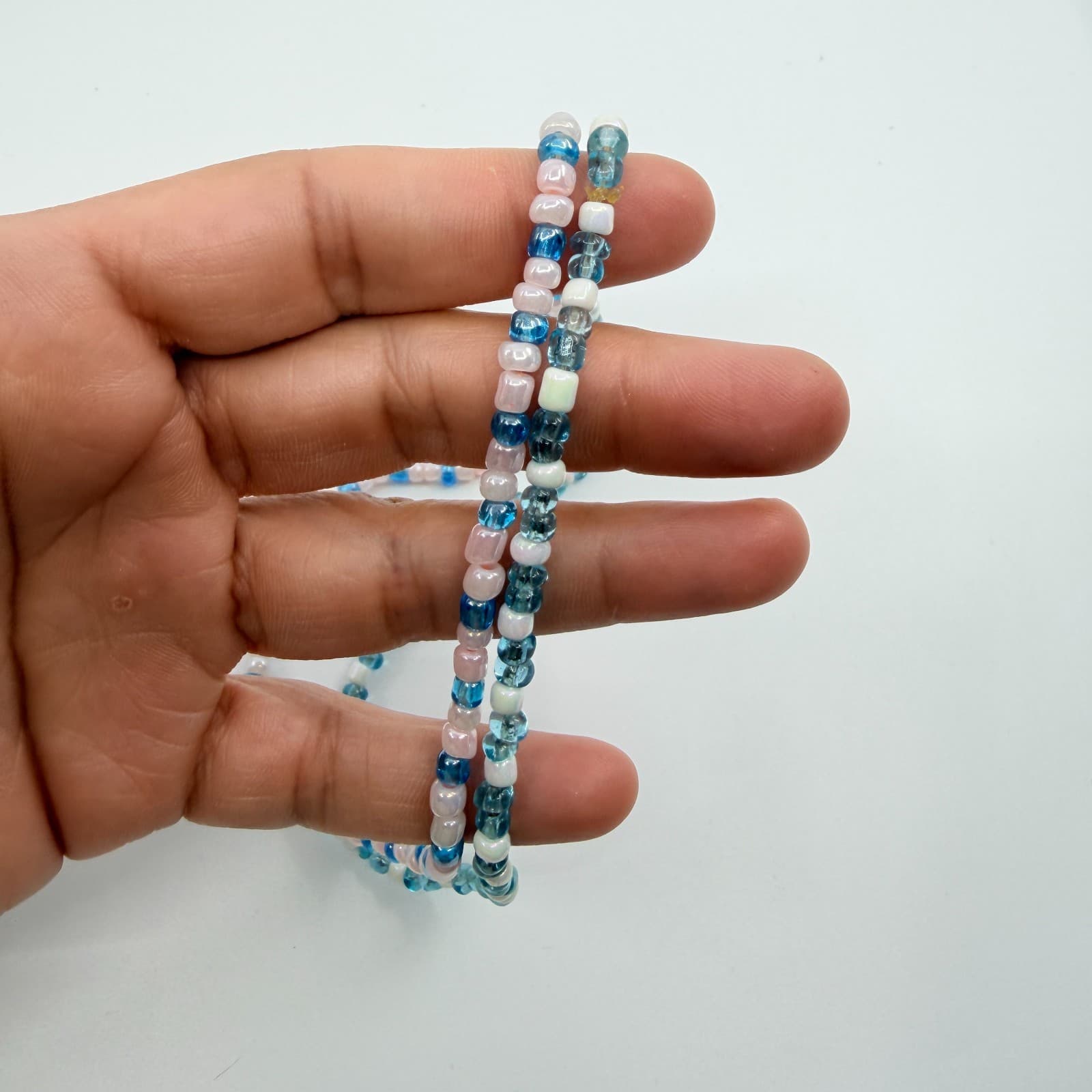 Vintage Blue Pink White Glass Seed Bead Double Strand Necklace Boho Layered 90s - Thumbnail 6