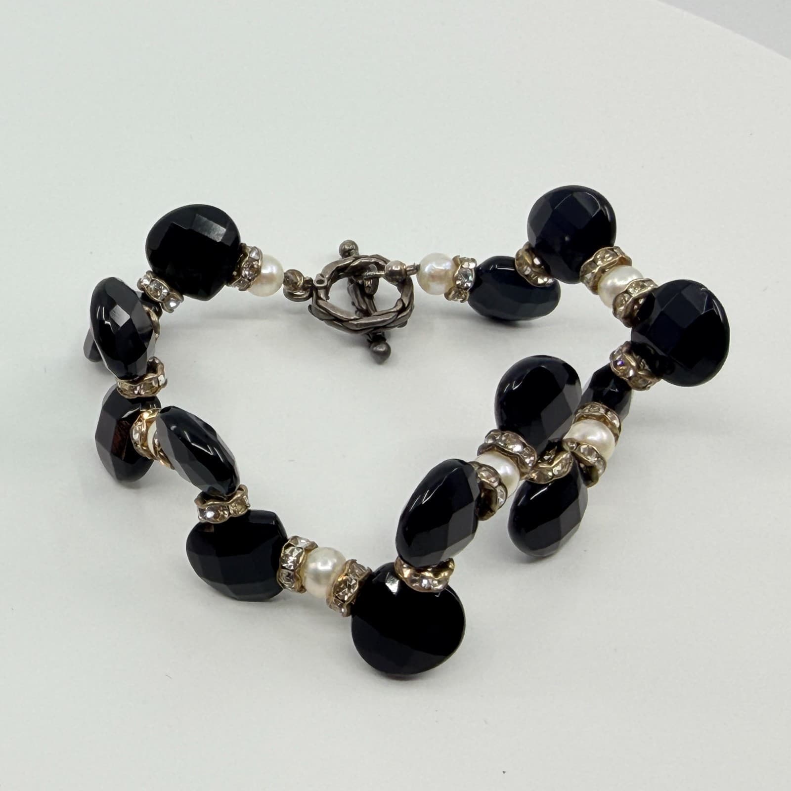 Vintage Gunmetal Tone Black Faceted Bead Faux Pearl Rhinestone Toggle Bracelet - Thumbnail 2
