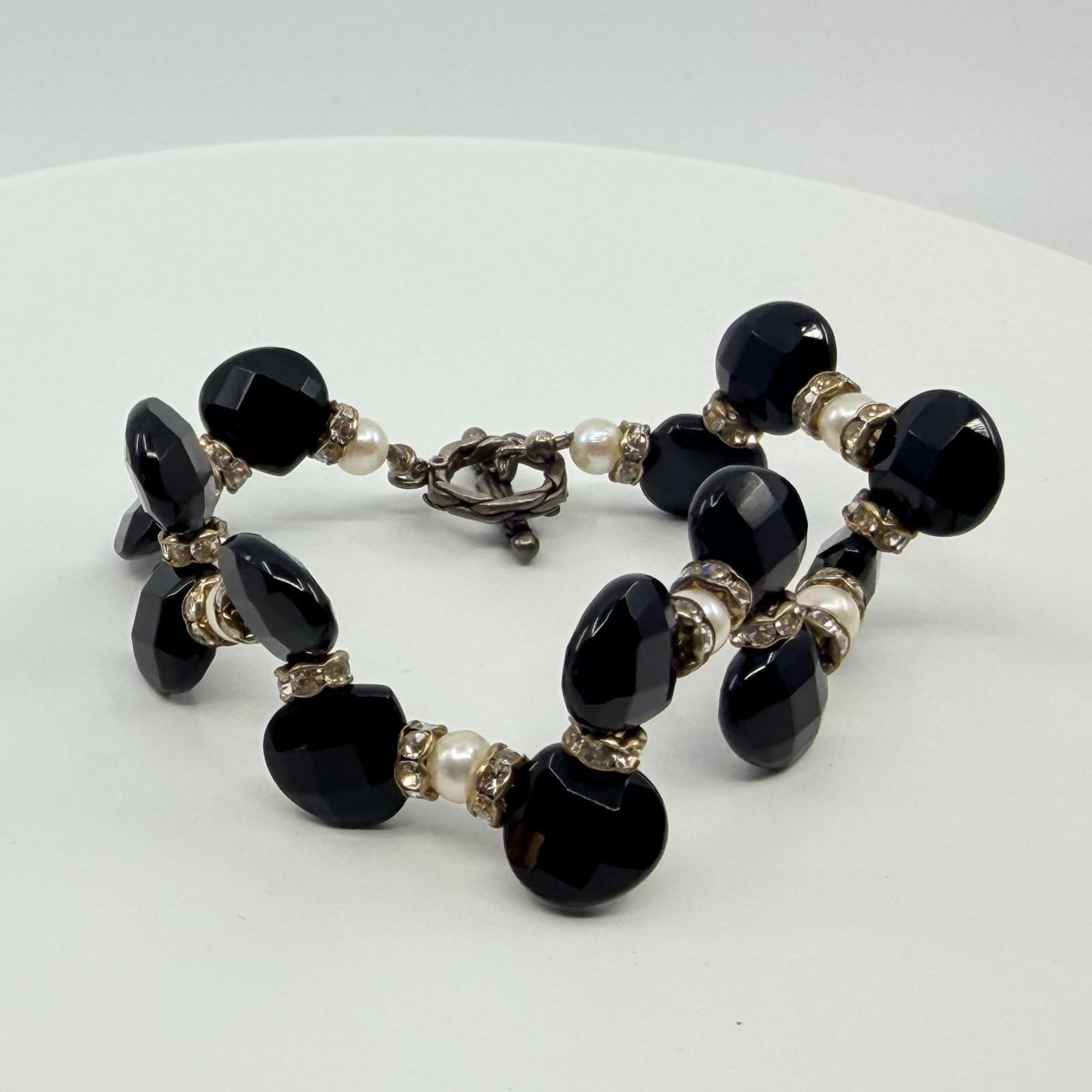 Vintage Gunmetal Tone Black Faceted Bead Faux Pearl Rhinestone Toggle Bracelet - Thumbnail 4