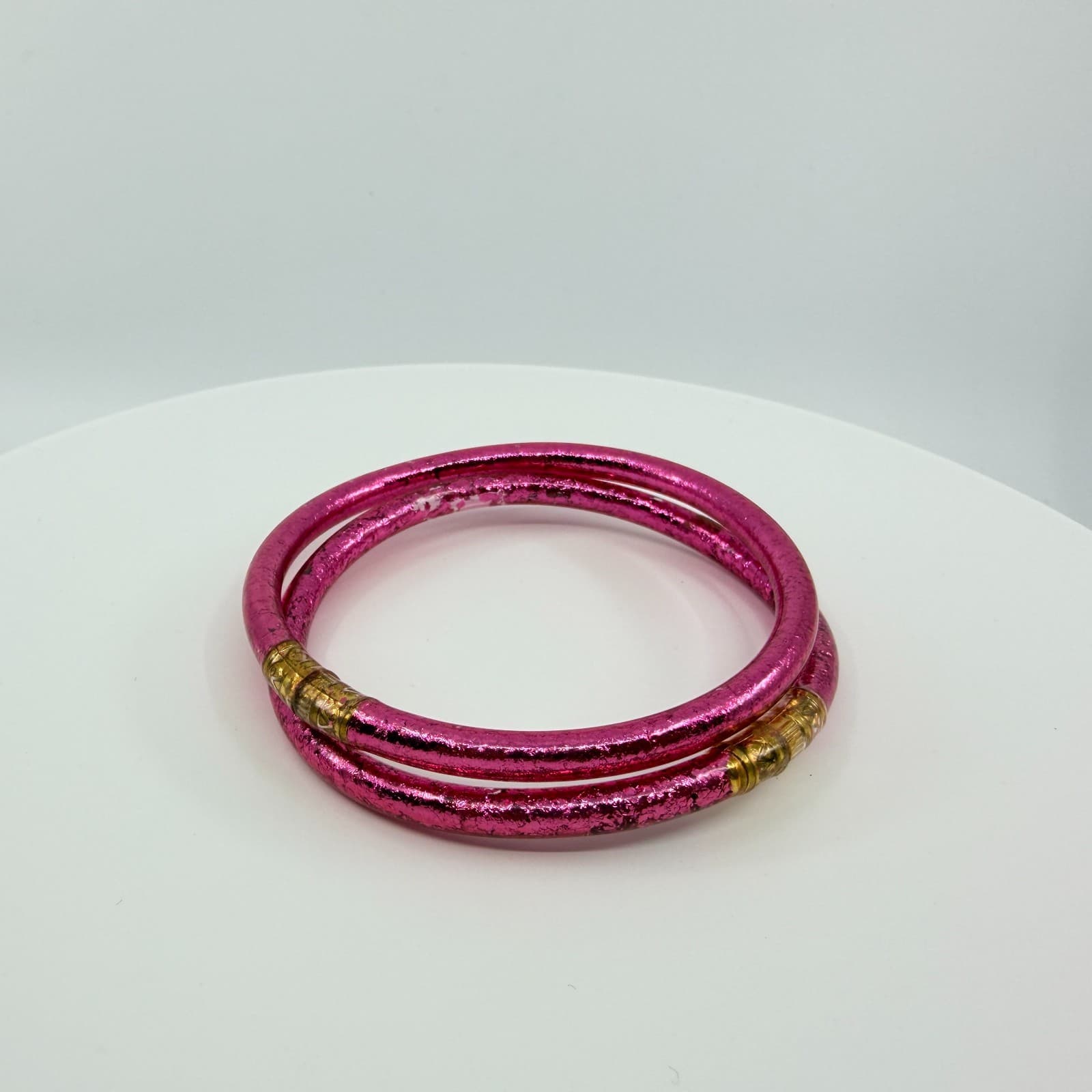 Vintage Pink Glitter Jelly Bangle Bracelet Set Gold Tone Accent Waterproof Boho - Thumbnail 3