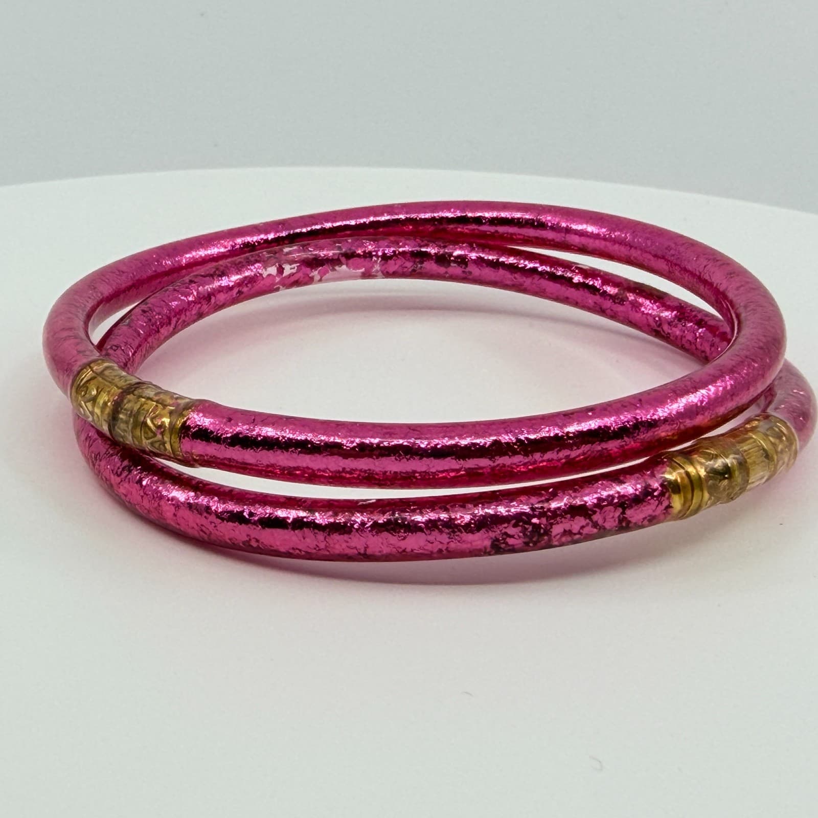 Vintage Pink Glitter Jelly Bangle Bracelet Set Gold Tone Accent Waterproof Boho - Thumbnail 5