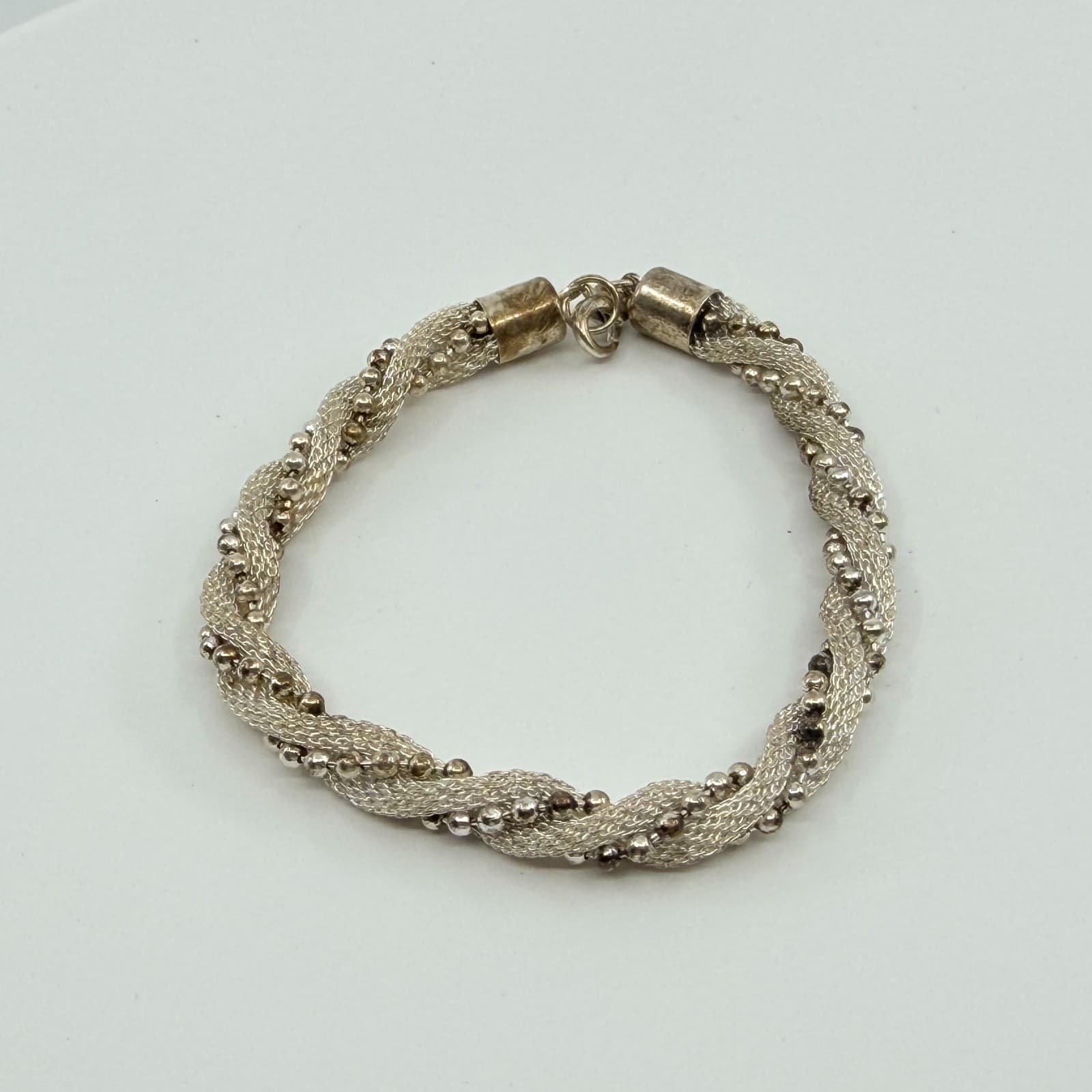 Vintage Silver Tone Mesh Twist Bangle Bracelet Beaded Ball Caviar Statement Y2K - Thumbnail 3