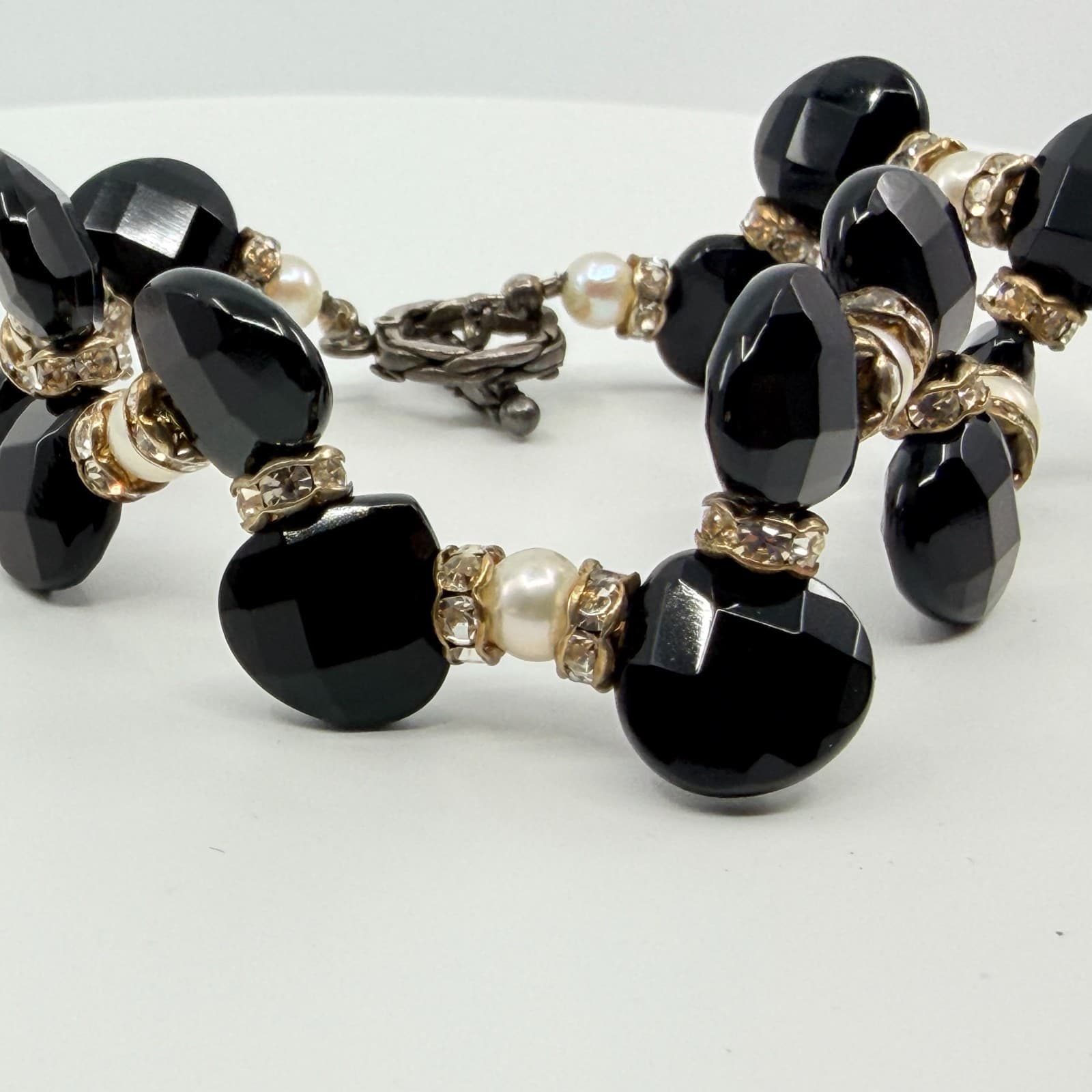 Vintage Gunmetal Tone Black Faceted Bead Faux Pearl Rhinestone Toggle Bracelet - Thumbnail 3